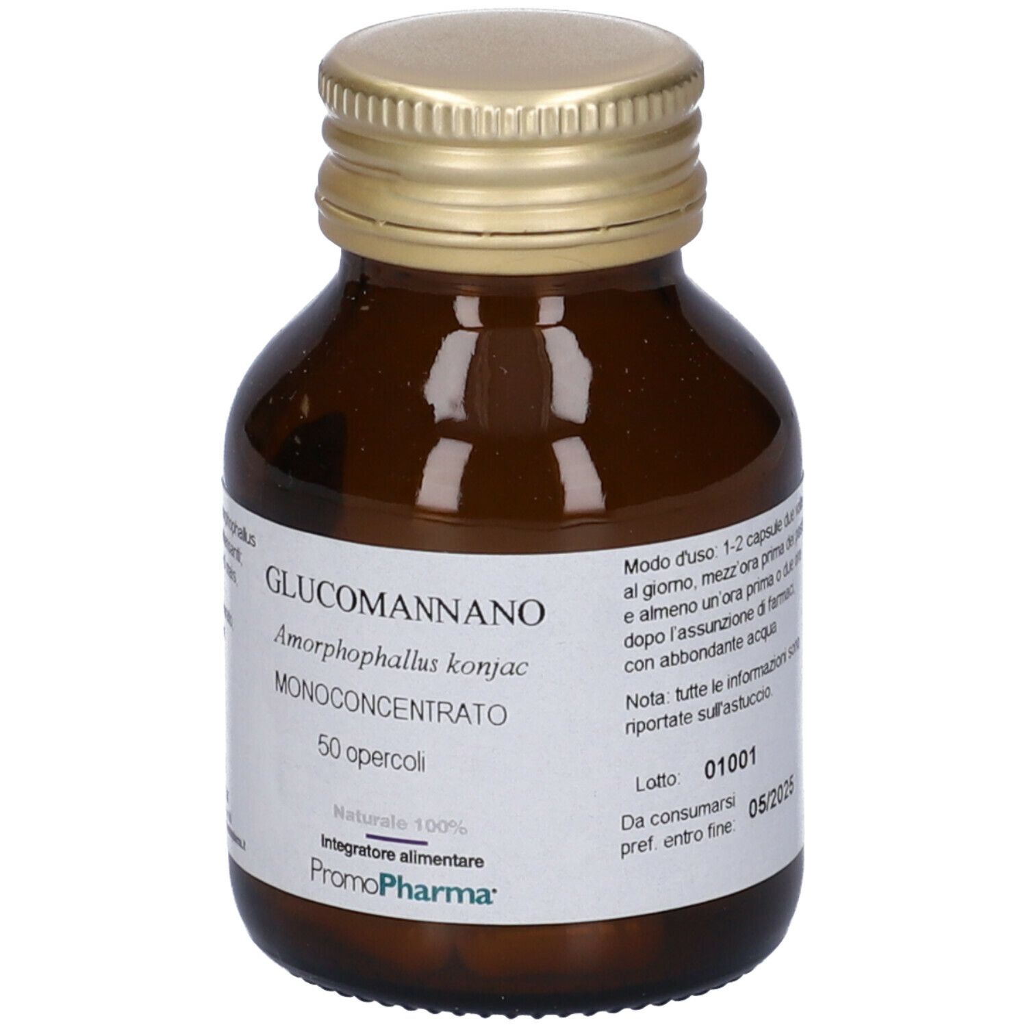 Flacone di vetro marrone con tappo dorato. Etichetta con nome del prodotto "Glucomannano" e "50 opercoli".