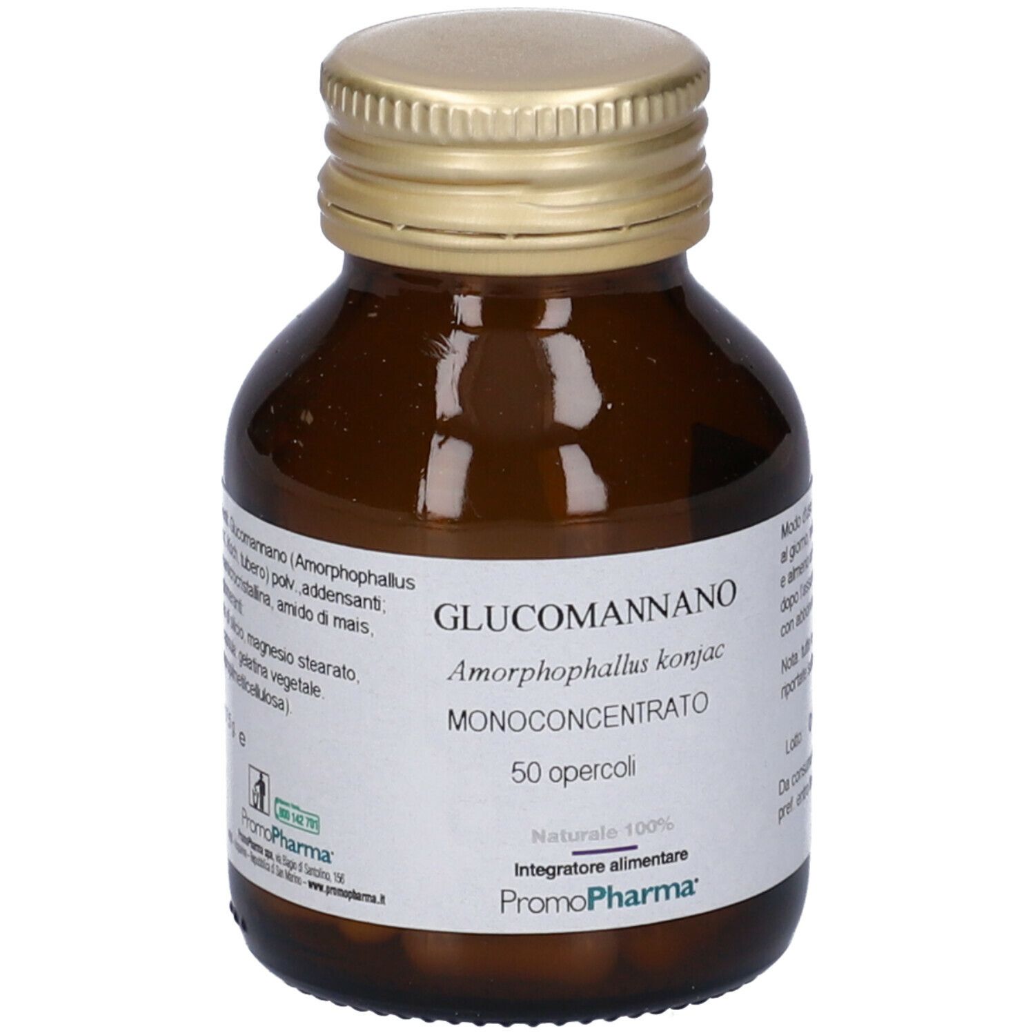 Flacone di vetro marrone con tappo dorato. Etichetta con nome del prodotto "Glucomannano" e "50 opercoli".
