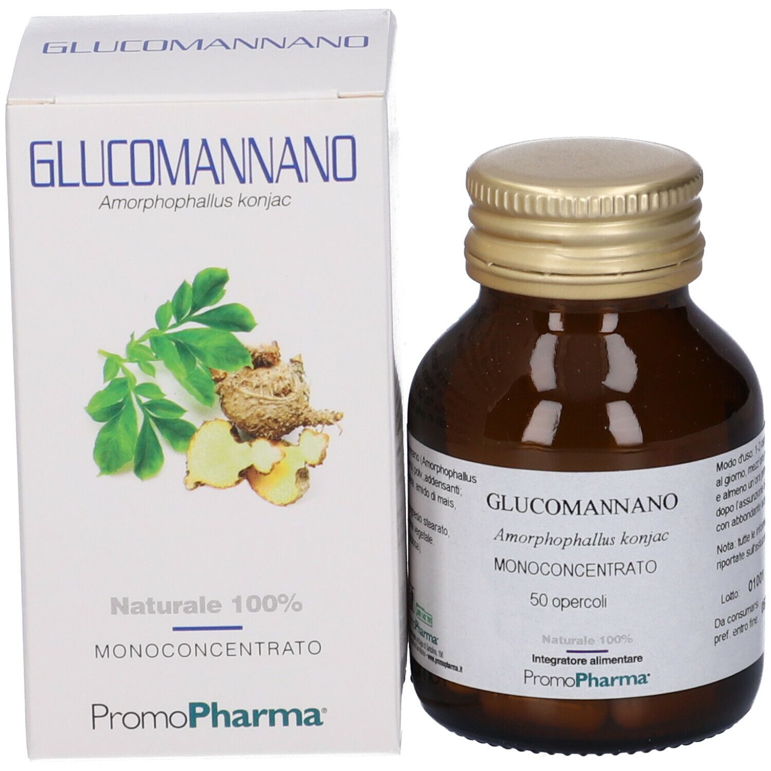 Confezione e flacone del prodotto. Scatola bianca con nome del prodotto "Glucomannano". Flacone marrone accanto.