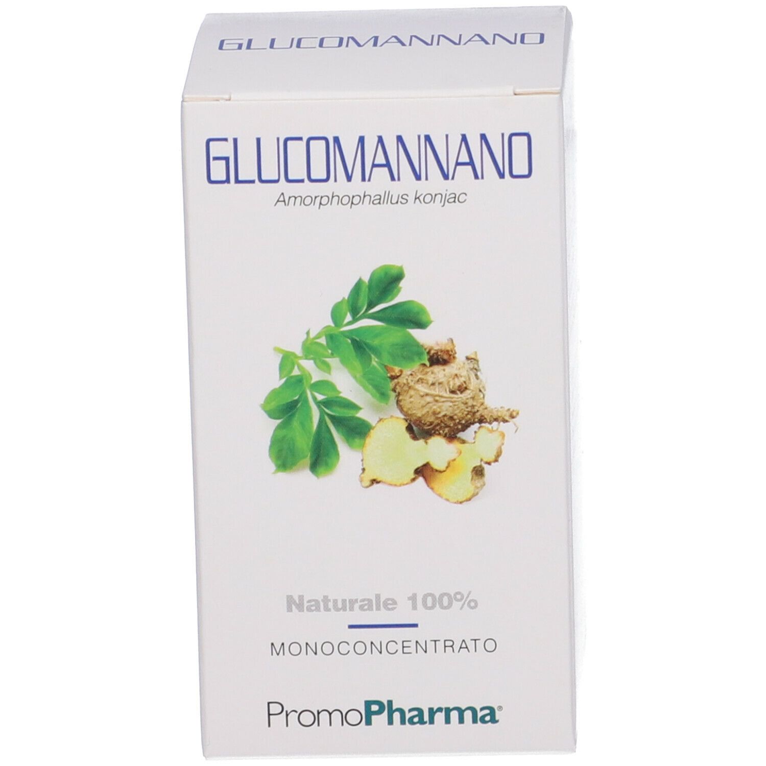 Scatola bianca con nome del prodotto "Glucomannano" e illustrazione di piante. Logo "PromoPharma".