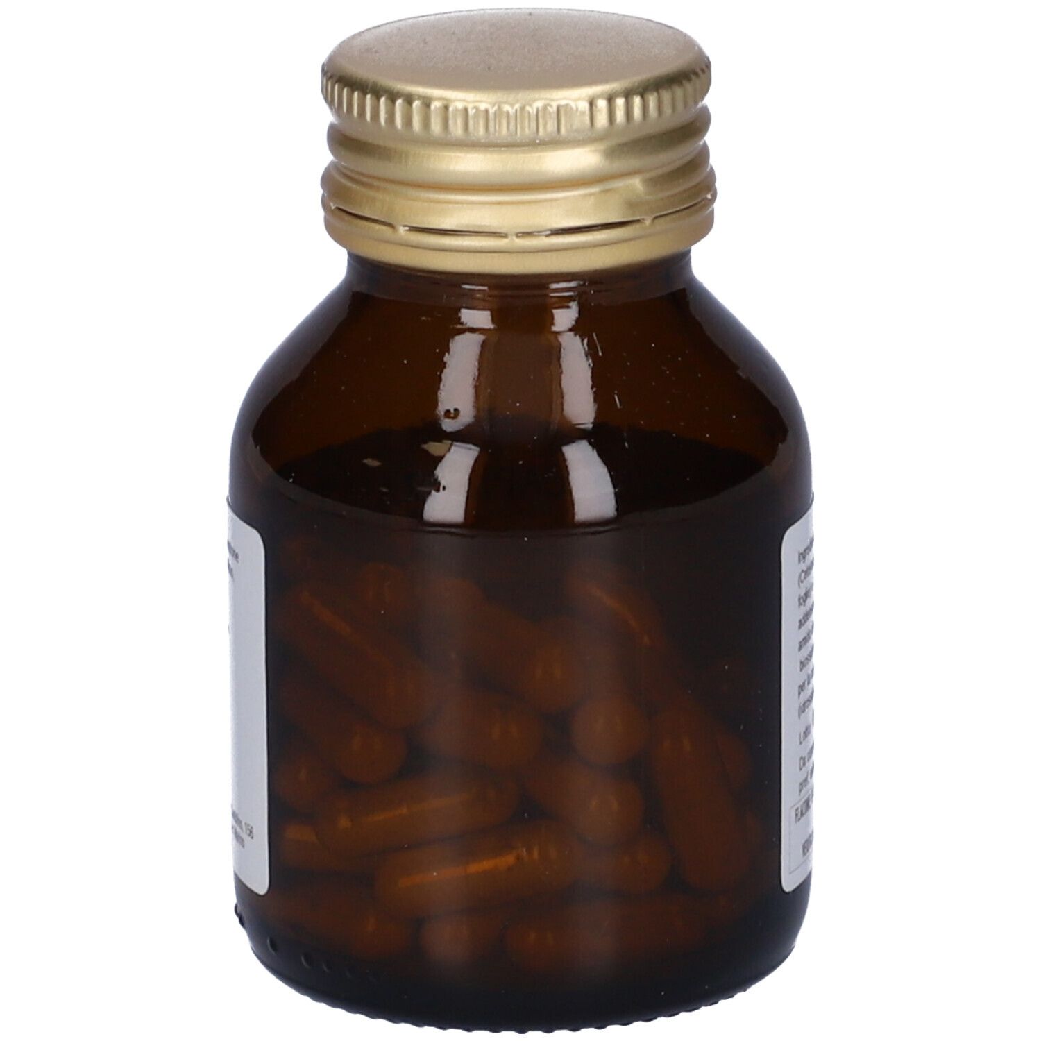 Flacone di vetro marrone con tappo dorato, pieno di capsule marroni. Etichetta visibile.