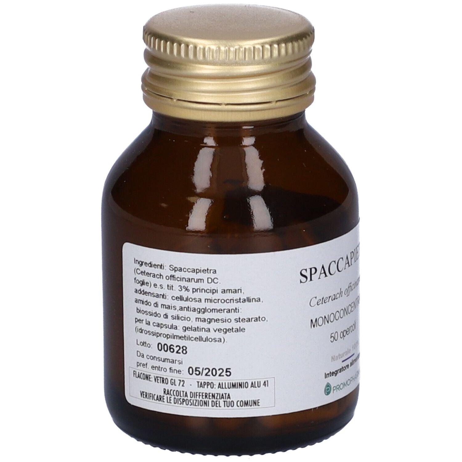 Flacone di vetro marrone con tappo dorato. Etichetta con ingredienti e data di scadenza: '05/2025'.