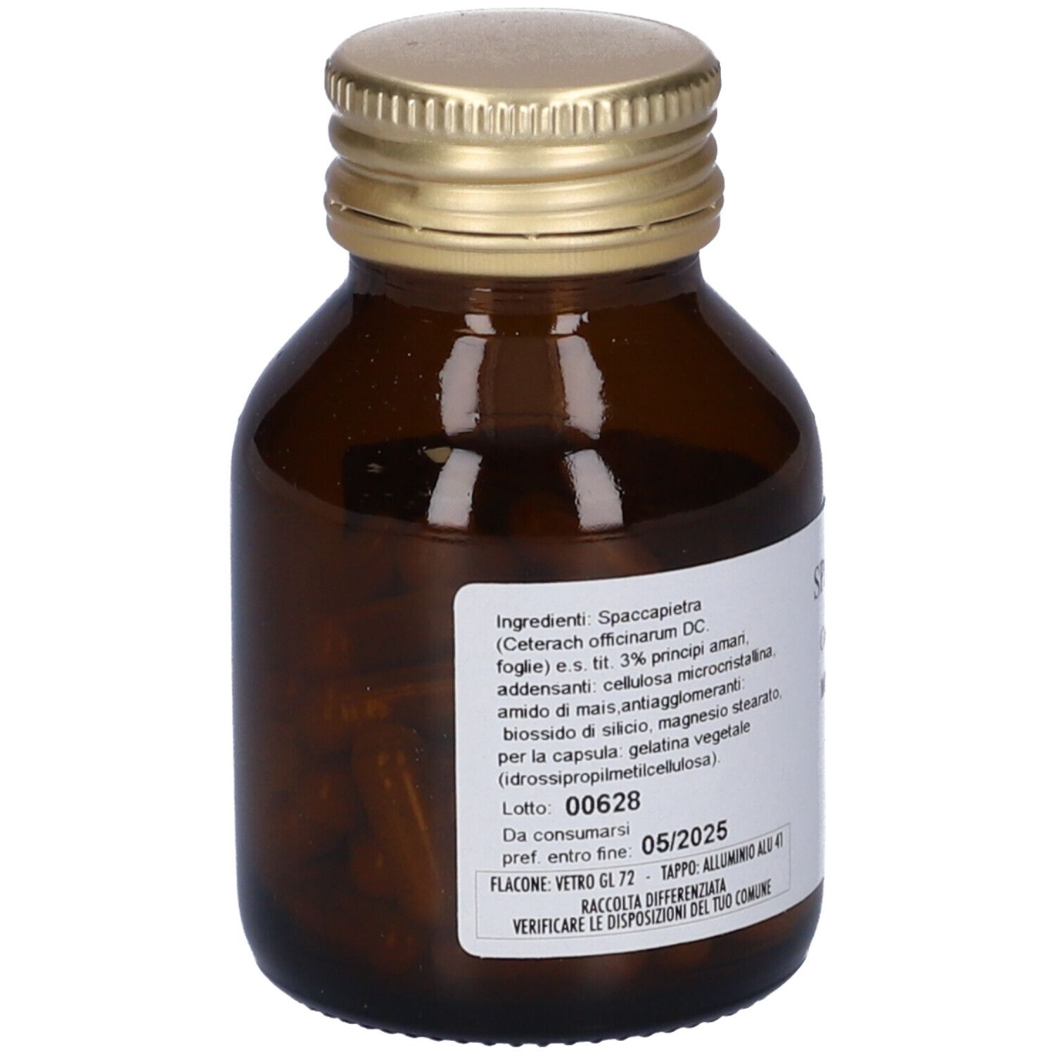 Flacone di vetro marrone con tappo dorato. Etichetta con ingredienti e data di scadenza: '05/2025'.
