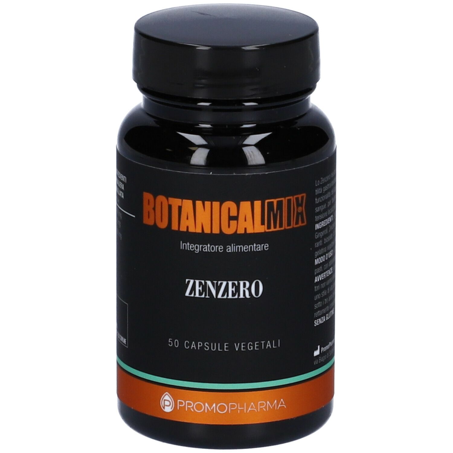 Flacone nero con capsule. Scritta: Botanical Mix Zenzero, 50 capsule vegetali. Marchio: PromoPharma.
