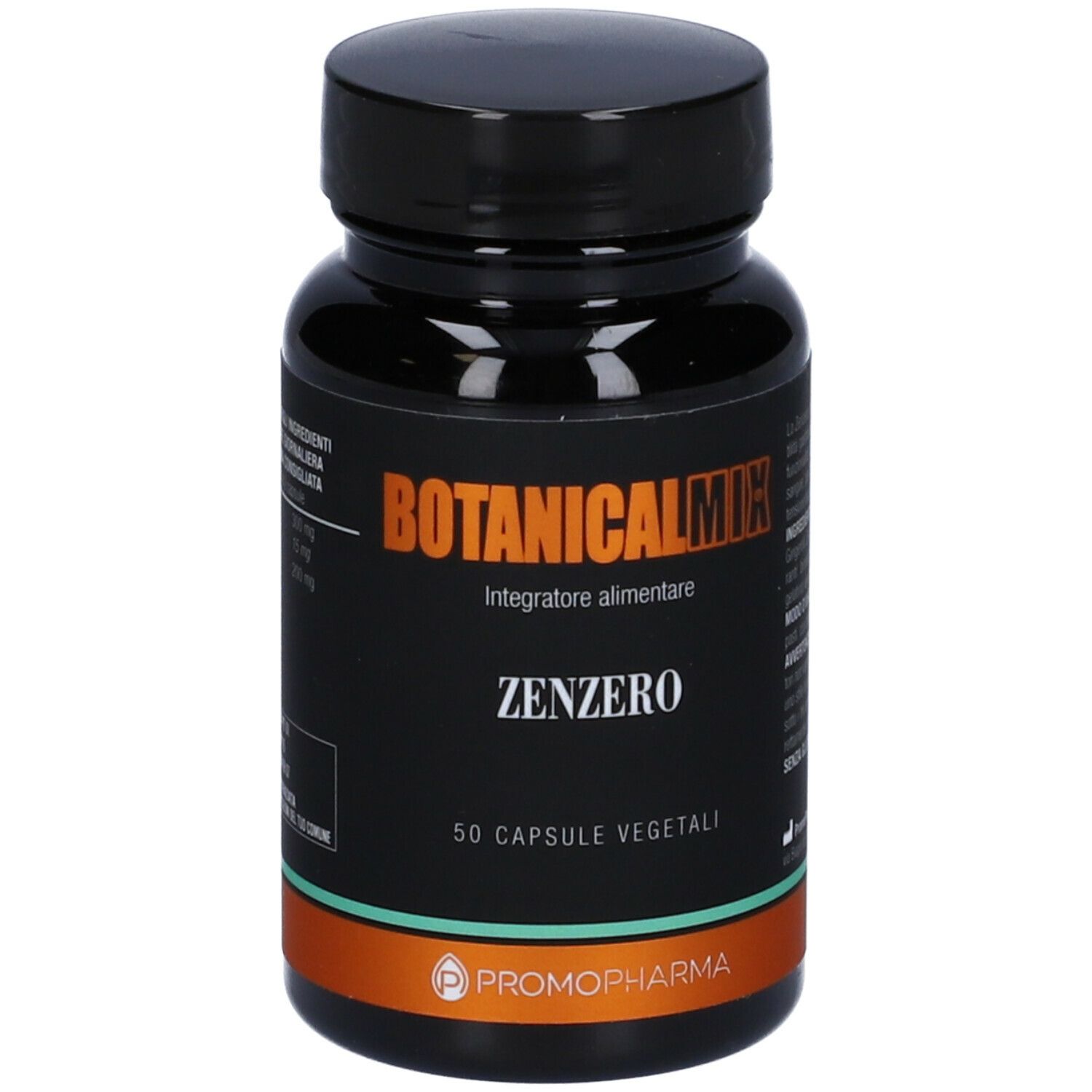 Flacone nero con capsule. Scritta: Botanical Mix Zenzero, 50 capsule vegetali. Marchio: PromoPharma.