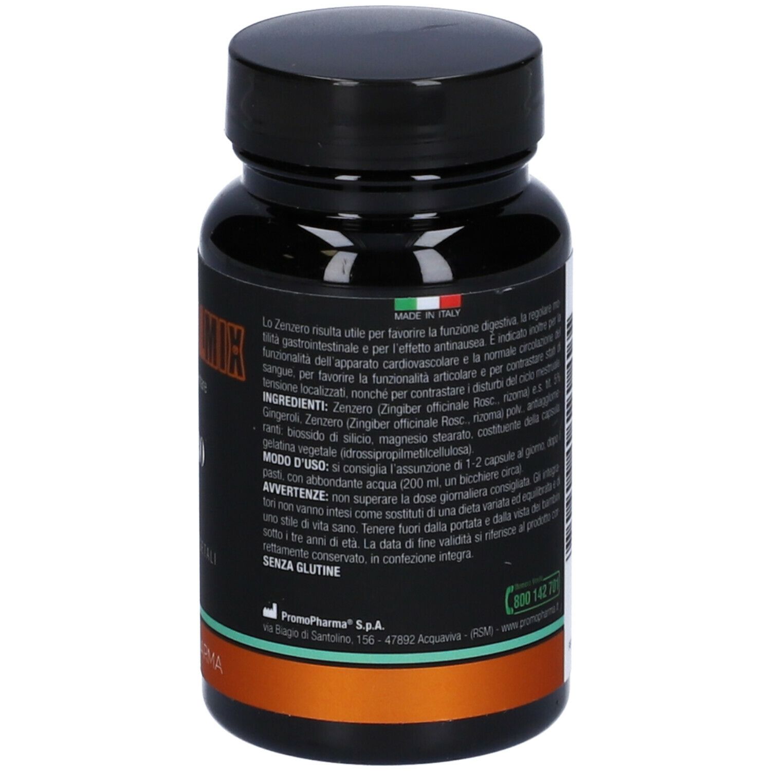 Retro del flacone con informazioni sul prodotto, ingredienti e istruzioni per l'uso. Marchio: PromoPharma.