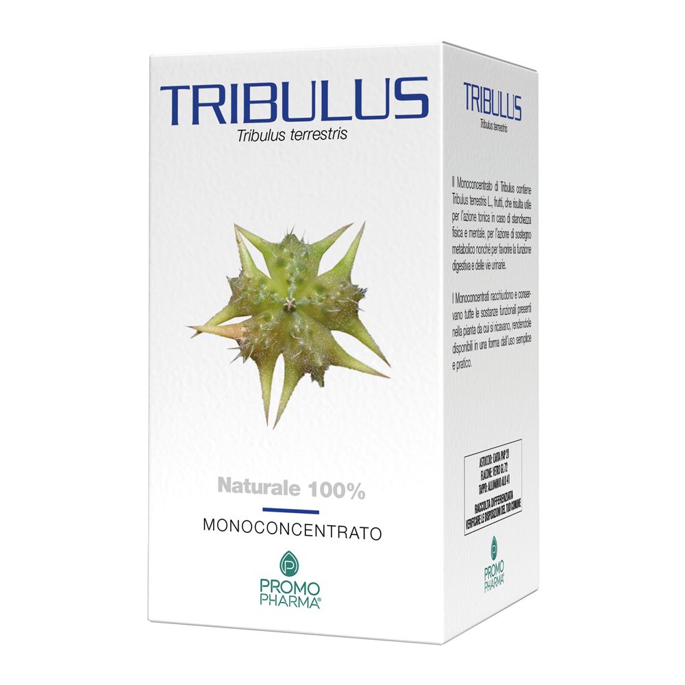 Scatola bianca con nome TRIBULUS e immagine pianta. Marchio PromoPharma® e testo 'Monoconcentrato'.
