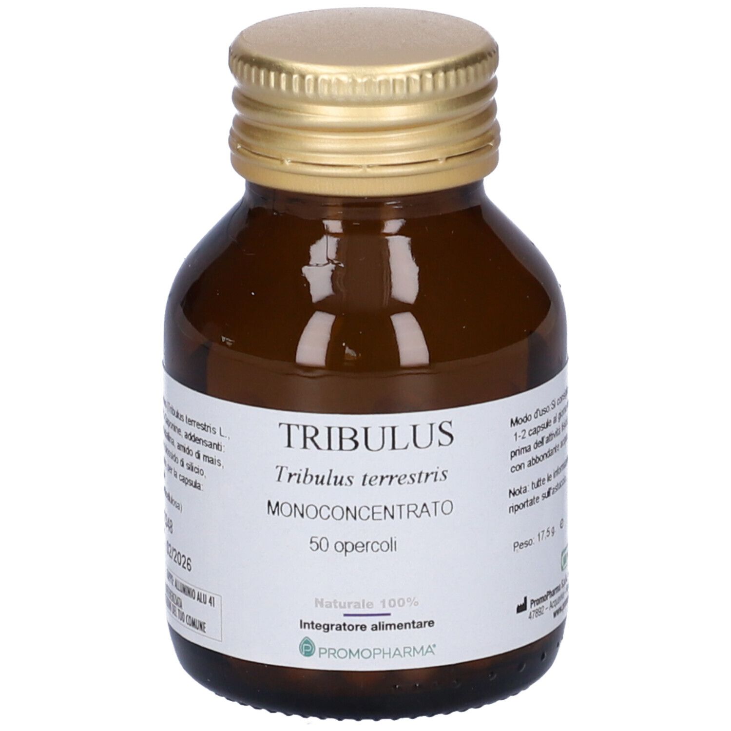 Flacone vetro marrone con tappo dorato. Etichetta con nome TRIBULUS, 50 capsule e marchio PromoPharma®.