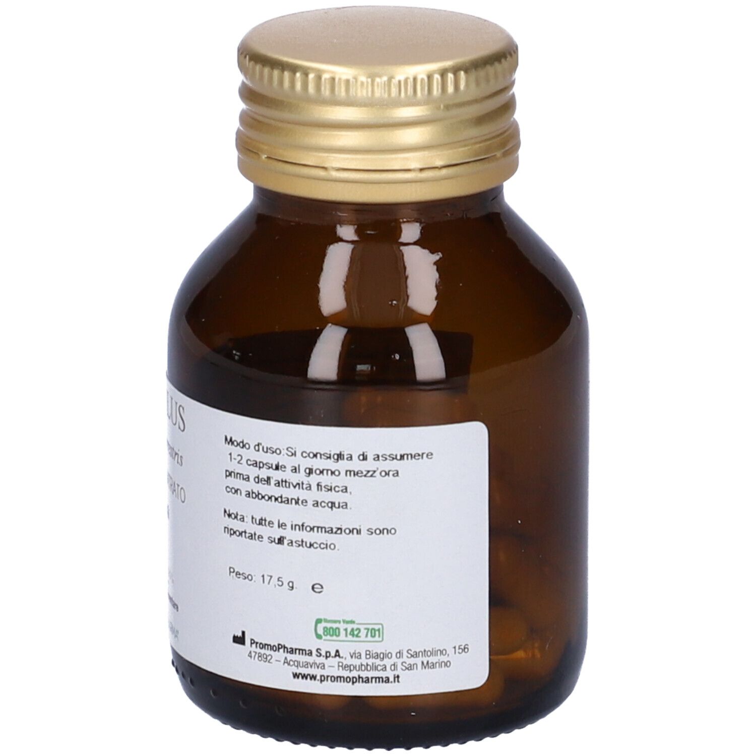 Flacone vetro marrone con tappo dorato. Etichetta con istruzioni uso e peso. Marchio PromoPharma®.