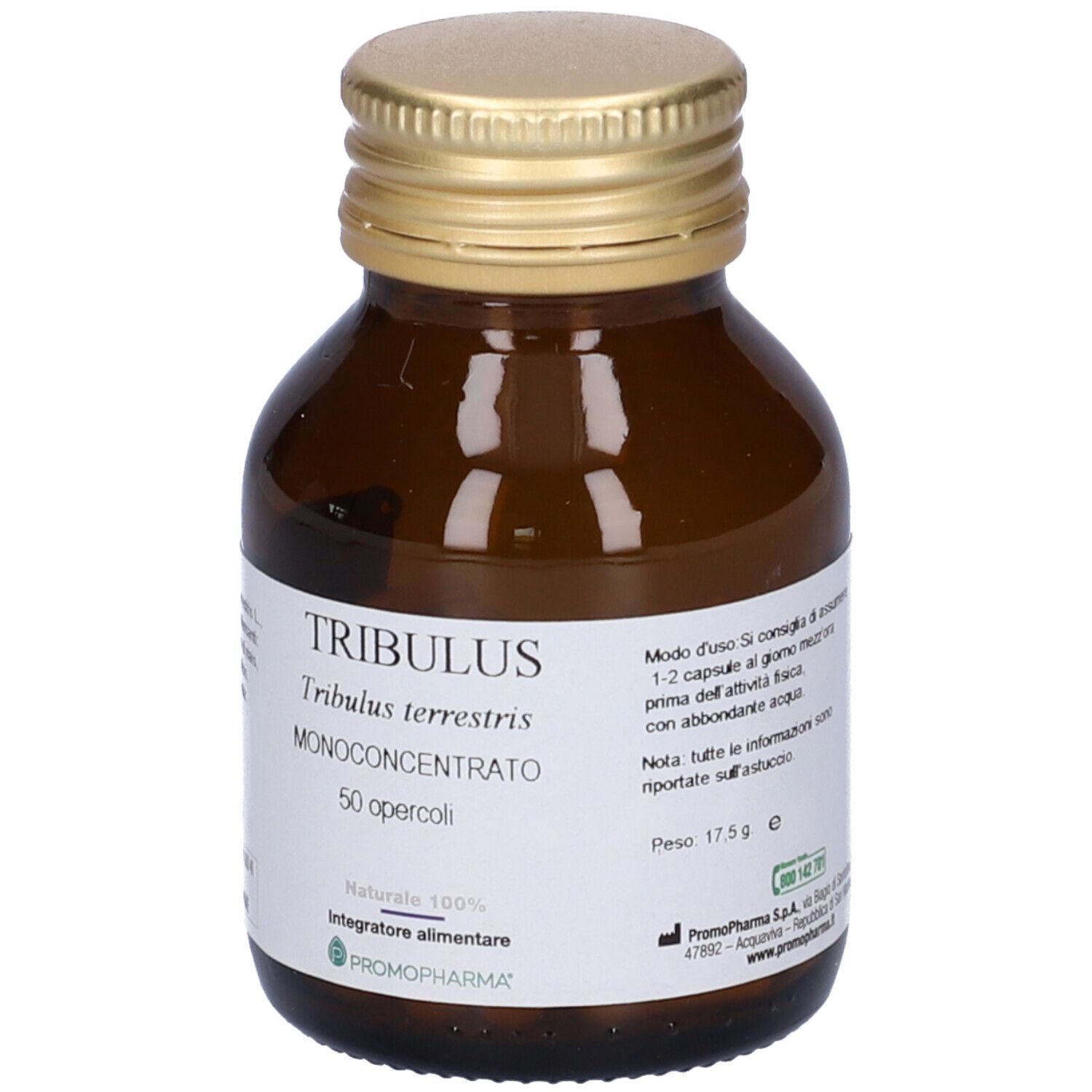 Flacone vetro marrone con tappo dorato. Etichetta con nome TRIBULUS, 50 capsule. Marchio PromoPharma®.