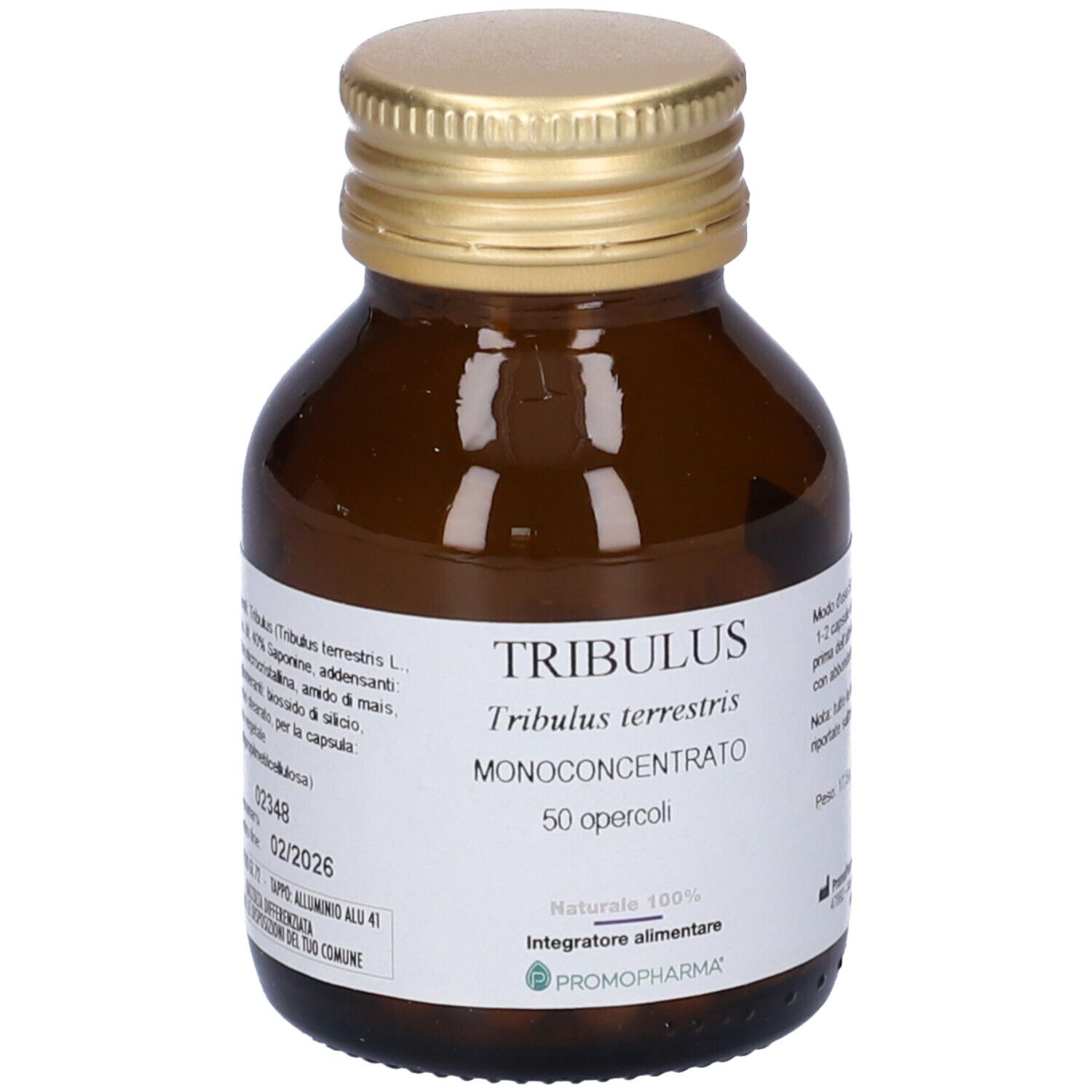 Flacone vetro marrone con tappo dorato. Etichetta con nome TRIBULUS, 50 capsule. Marchio PromoPharma®.