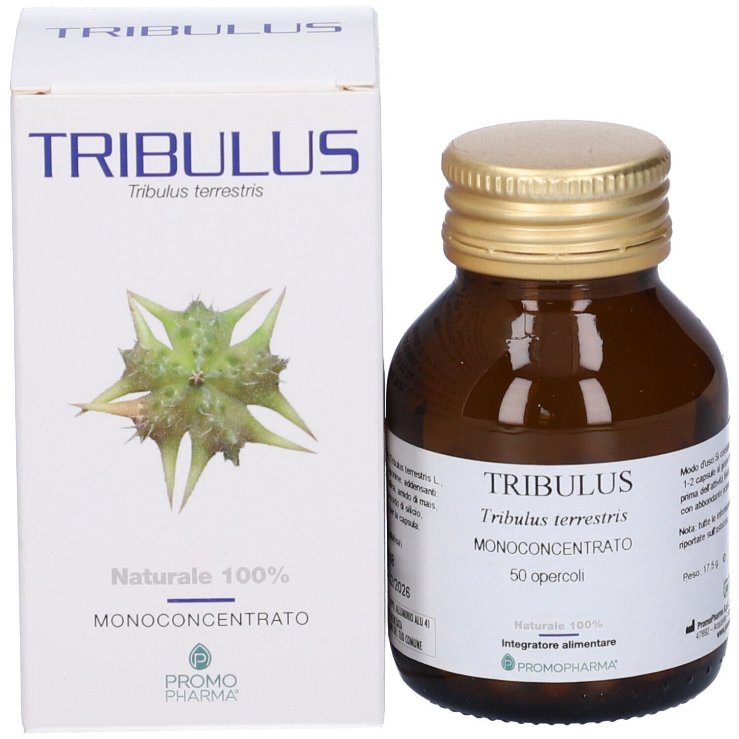 Confezione prodotto e flacone capsule. Sulla confezione TRIBULUS. Marchio PromoPharma®.
