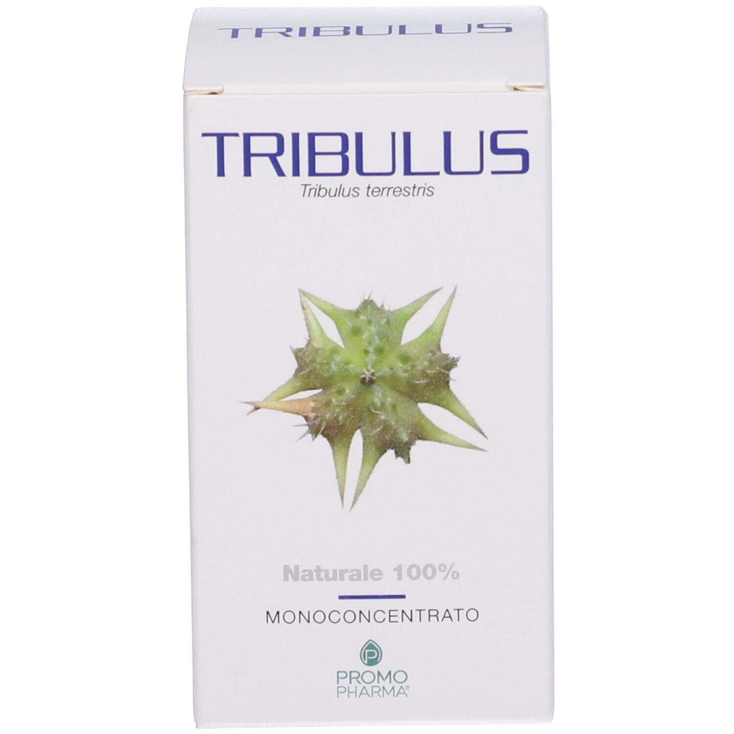 Scatola bianca con nome TRIBULUS e immagine pianta. Marchio PromoPharma®.