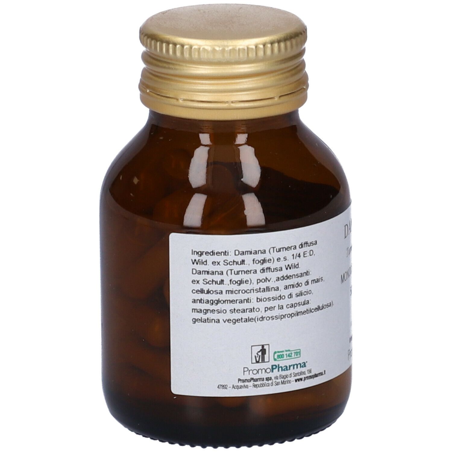 Vista posteriore di un flacone di vetro marrone con tappo dorato. Etichetta con ingredienti e informazioni produttore.