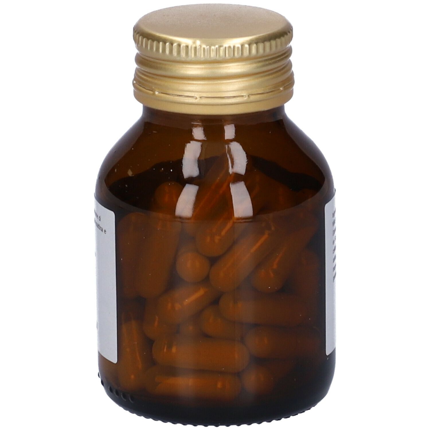 Flacone di vetro marrone con tappo dorato, pieno di capsule gialle. Etichetta del prodotto parzialmente visibile.