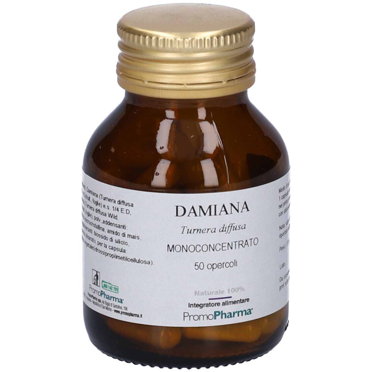 Flacone di vetro marrone con tappo dorato. Etichetta con nome del prodotto, ingredienti e logo del produttore.