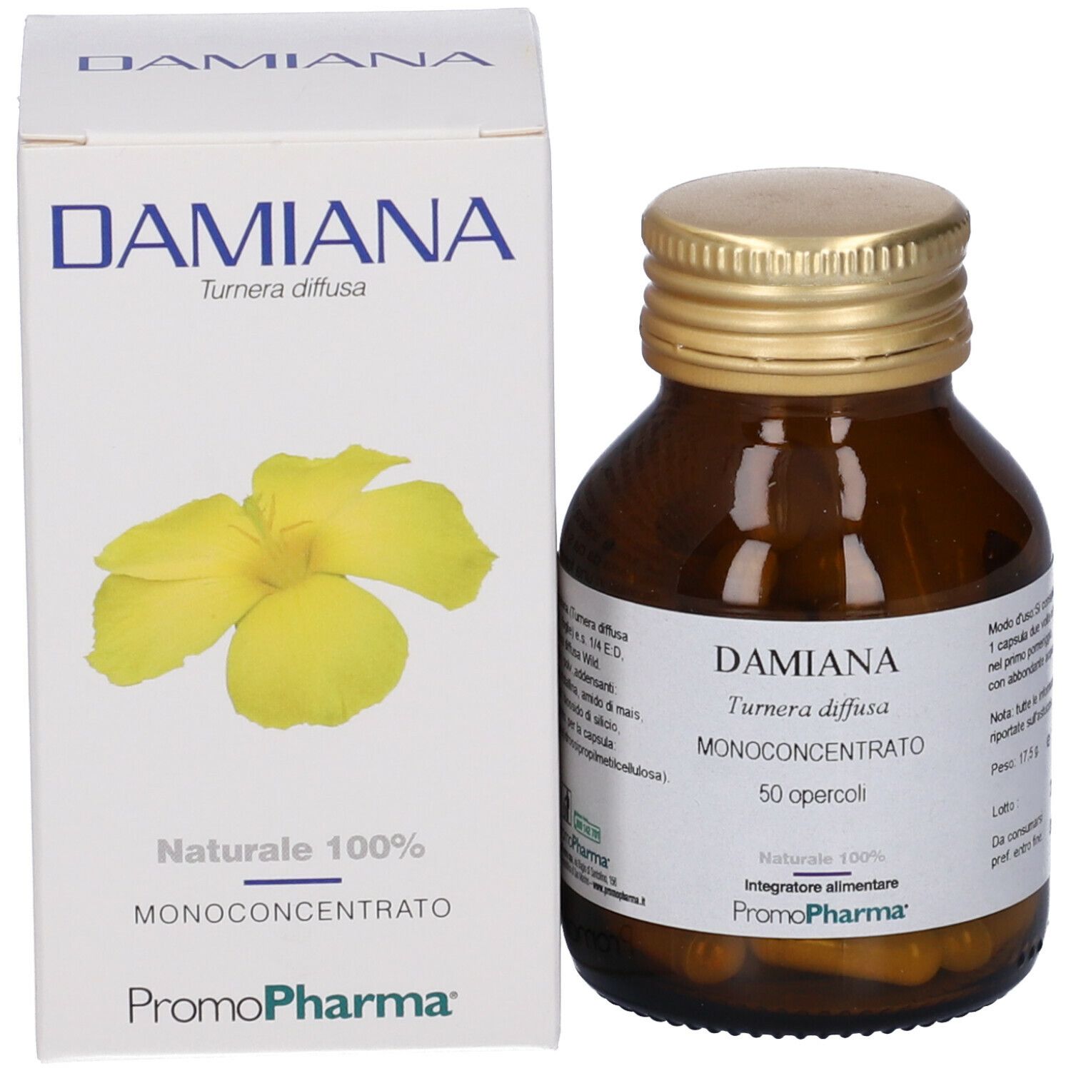 Flacone e scatola del prodotto. Flacone marrone, tappo dorato. Scatola bianca con nome del prodotto e fiore.