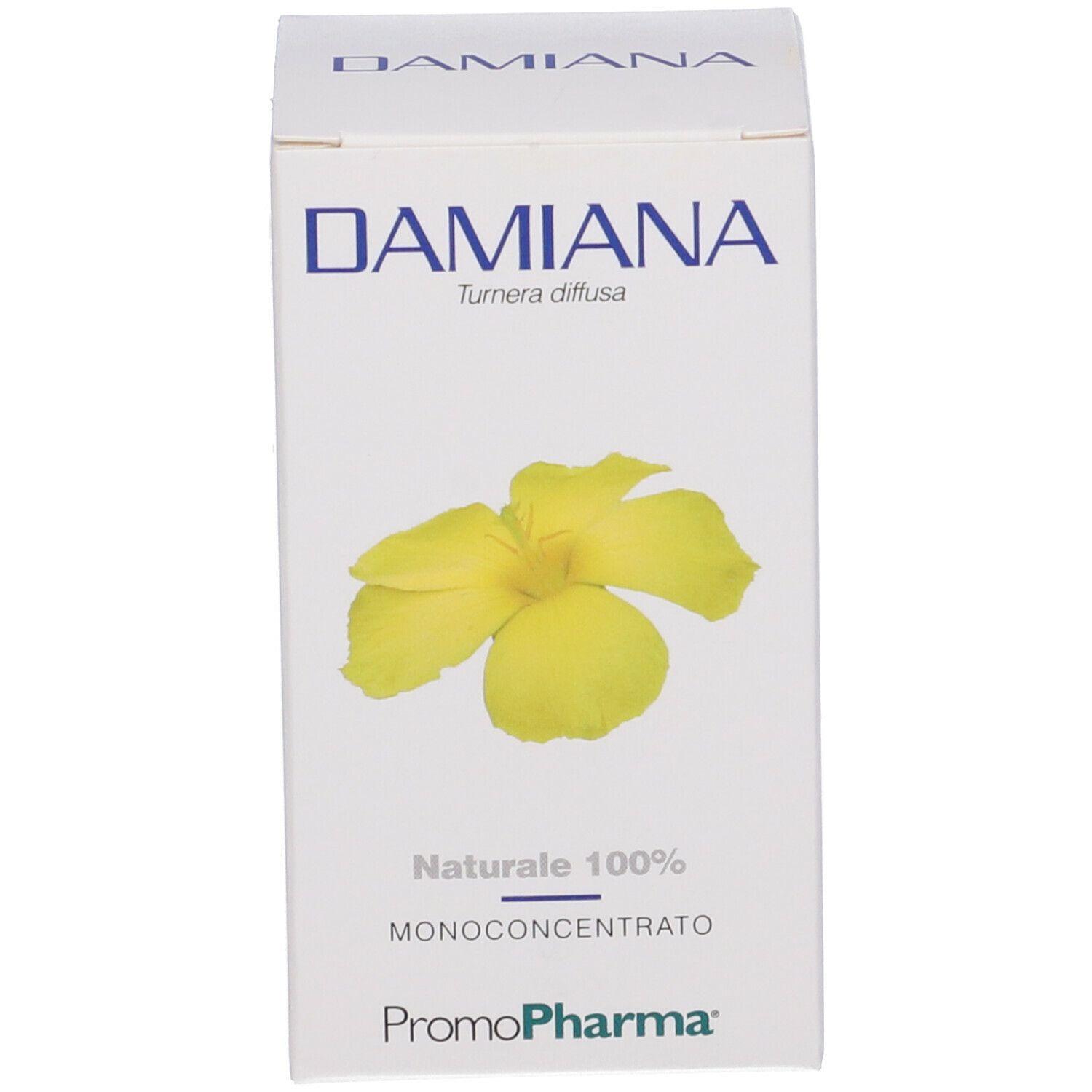 Scatola bianca con nome del prodotto e fiore giallo. Testo: 'Naturale 100%'.