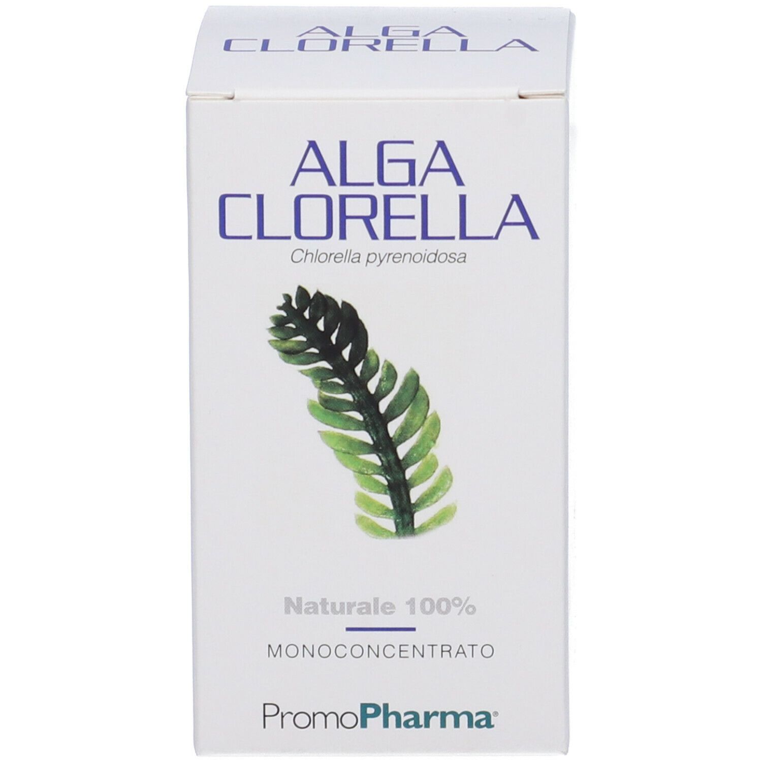Confezione bianca con design di alghe verdi e nome del prodotto. Marchio PromoPharma.