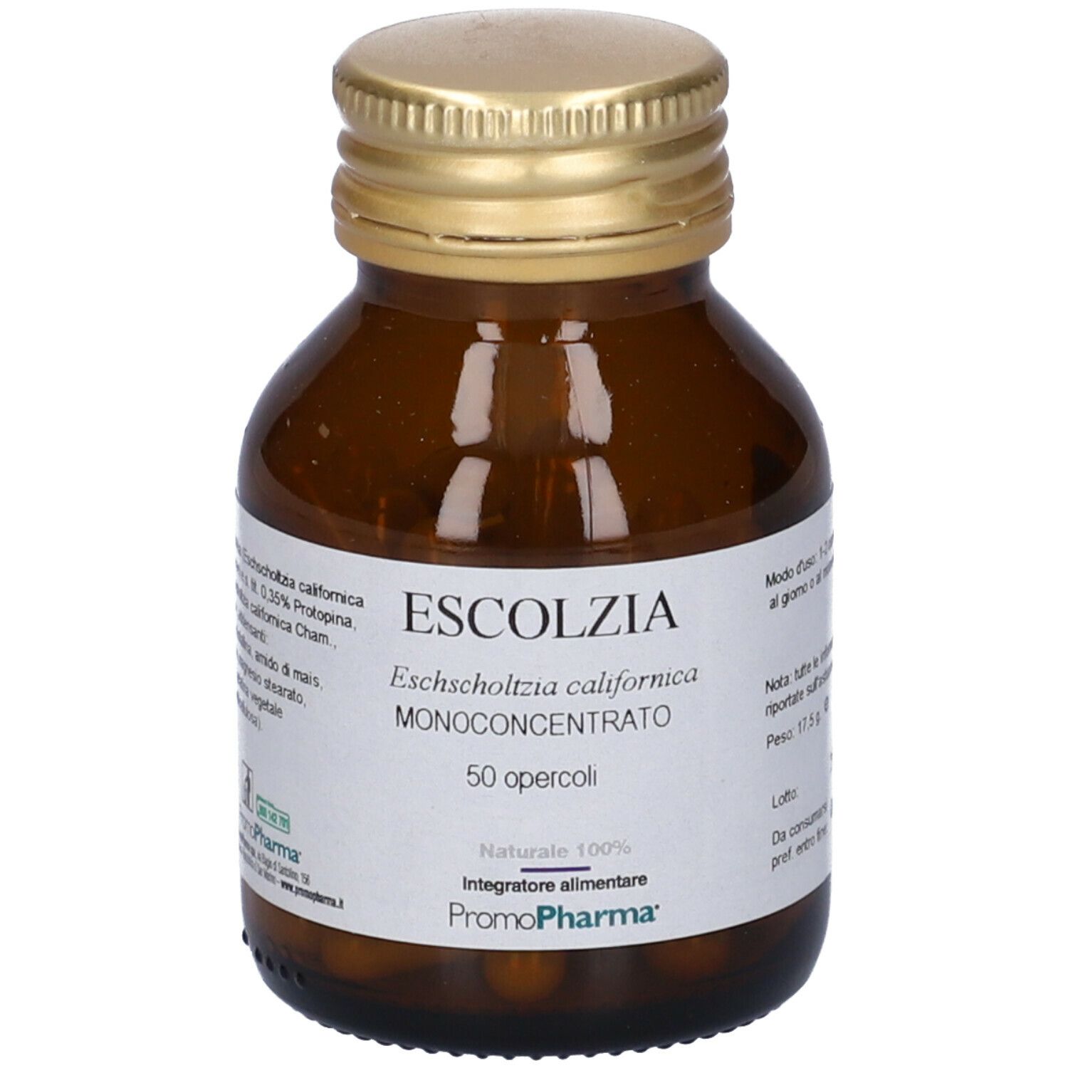 Flacone di vetro marrone con tappo dorato. Etichetta con nome del prodotto, ingredienti e logo. 50 capsule.