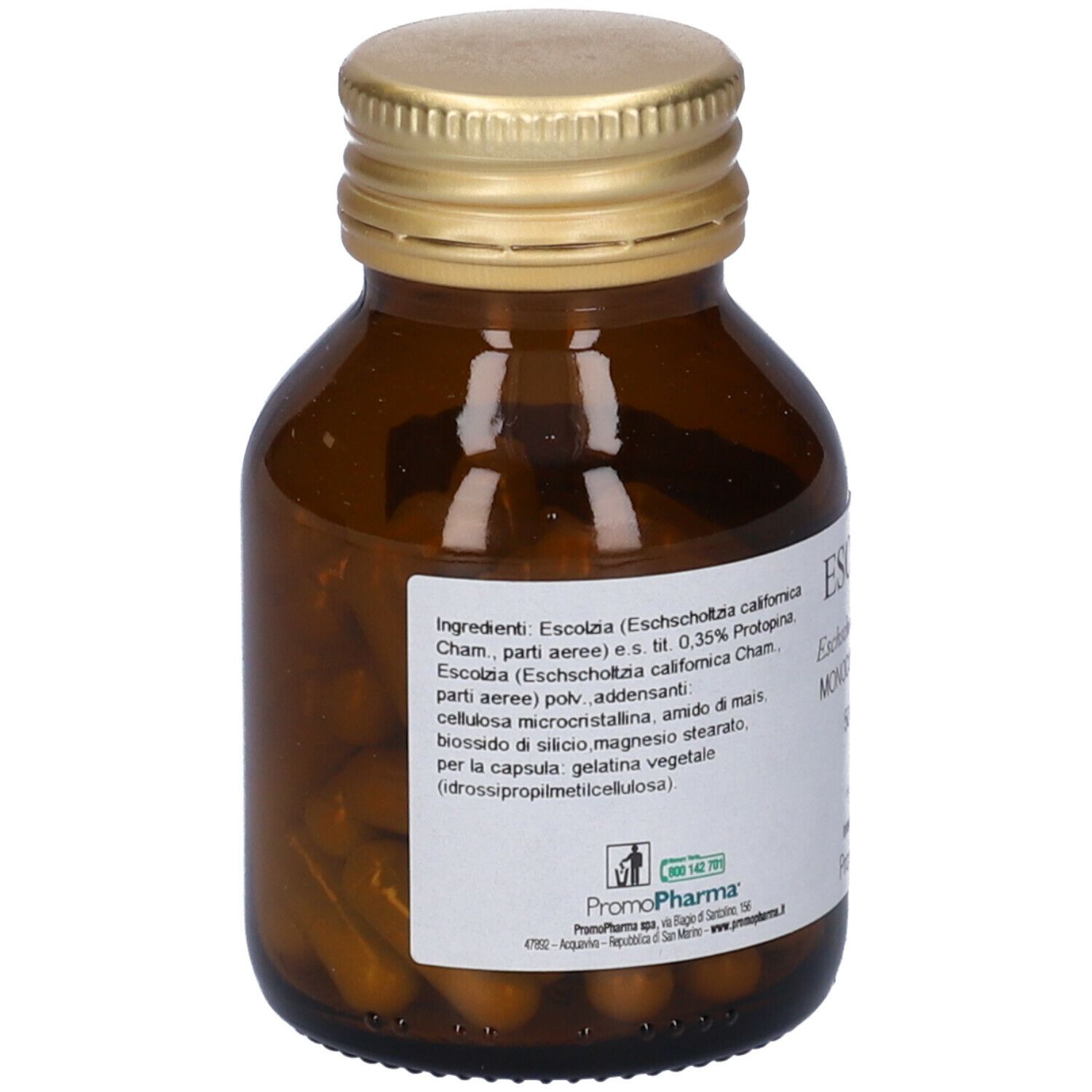Flacone di vetro marrone con tappo dorato. Etichetta con ingredienti e logo. Capsule visibili.