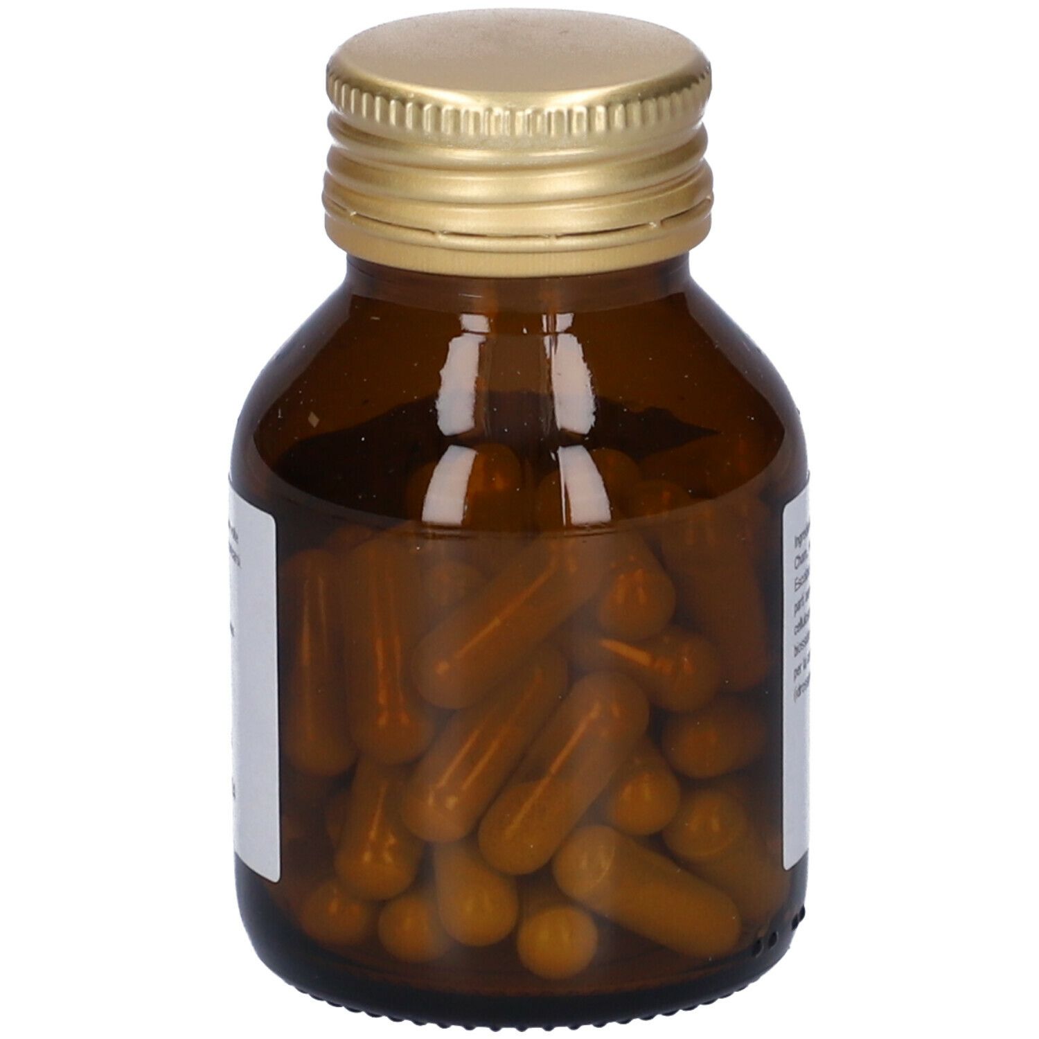 Flacone di vetro marrone con tappo dorato. Capsule visibili. Etichetta con informazioni sul prodotto.