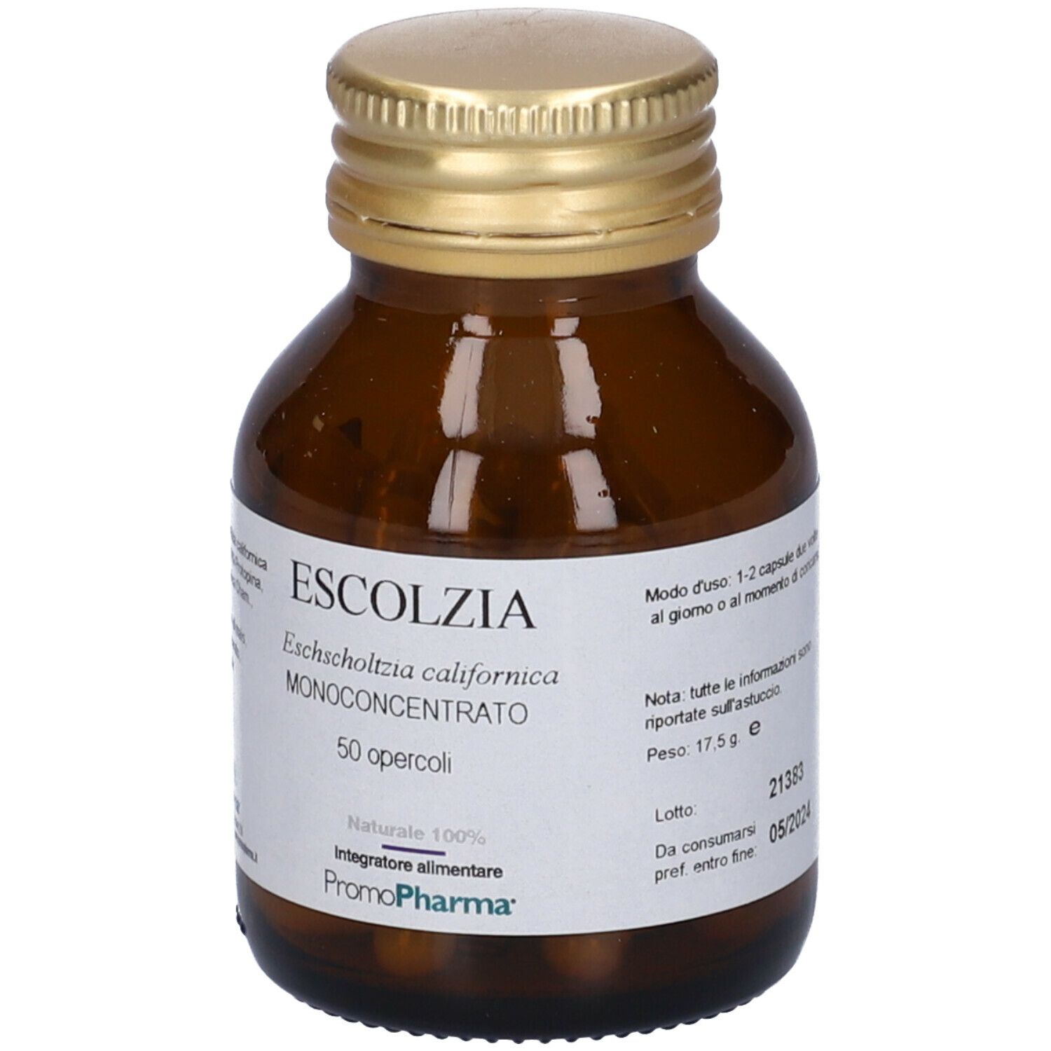 Flacone di vetro marrone con tappo dorato. Etichetta con nome, ingredienti e logo. 50 capsule.