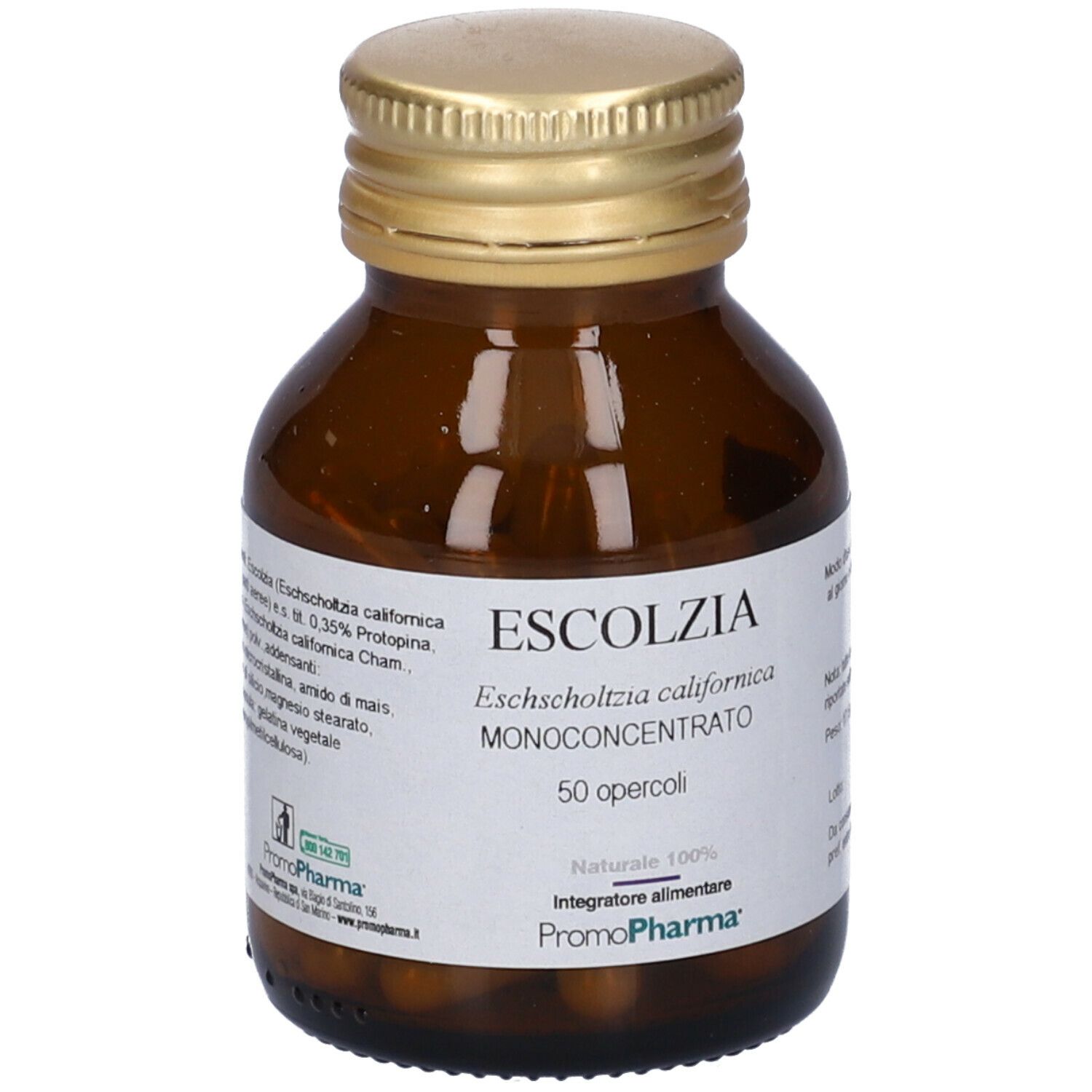 Flacone di vetro marrone con tappo dorato. Etichetta con nome, ingredienti e logo. 50 capsule.