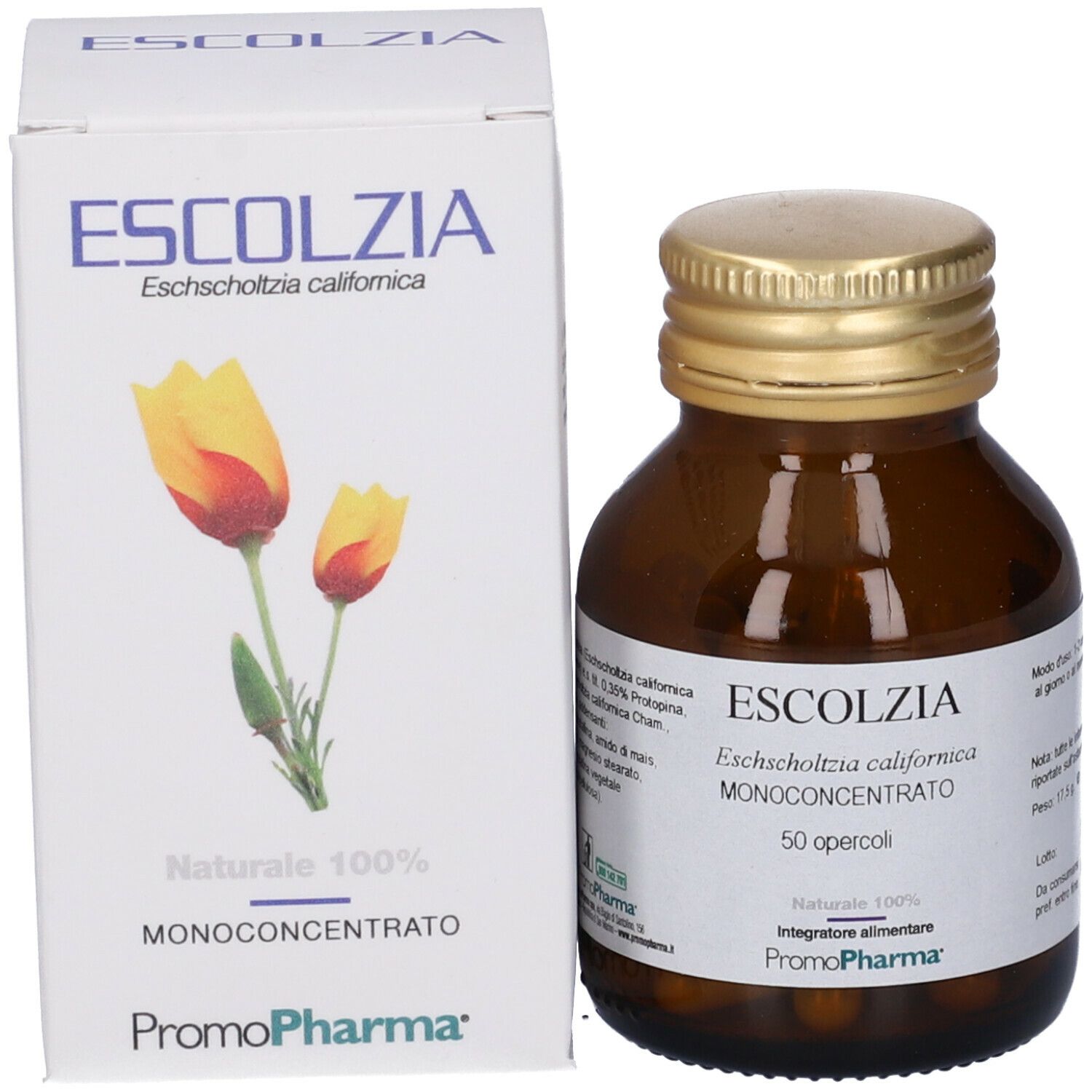 Flacone marrone e scatola. Scatola con nome, logo e illustrazione floreale. Flacone con capsule.