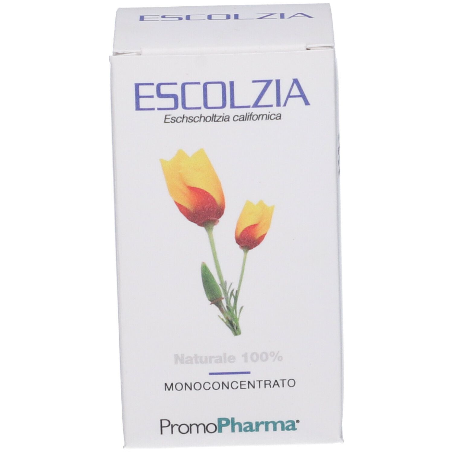 Scatola bianca con nome del prodotto, illustrazione floreale e logo. Testo: 'Naturale 100%'.