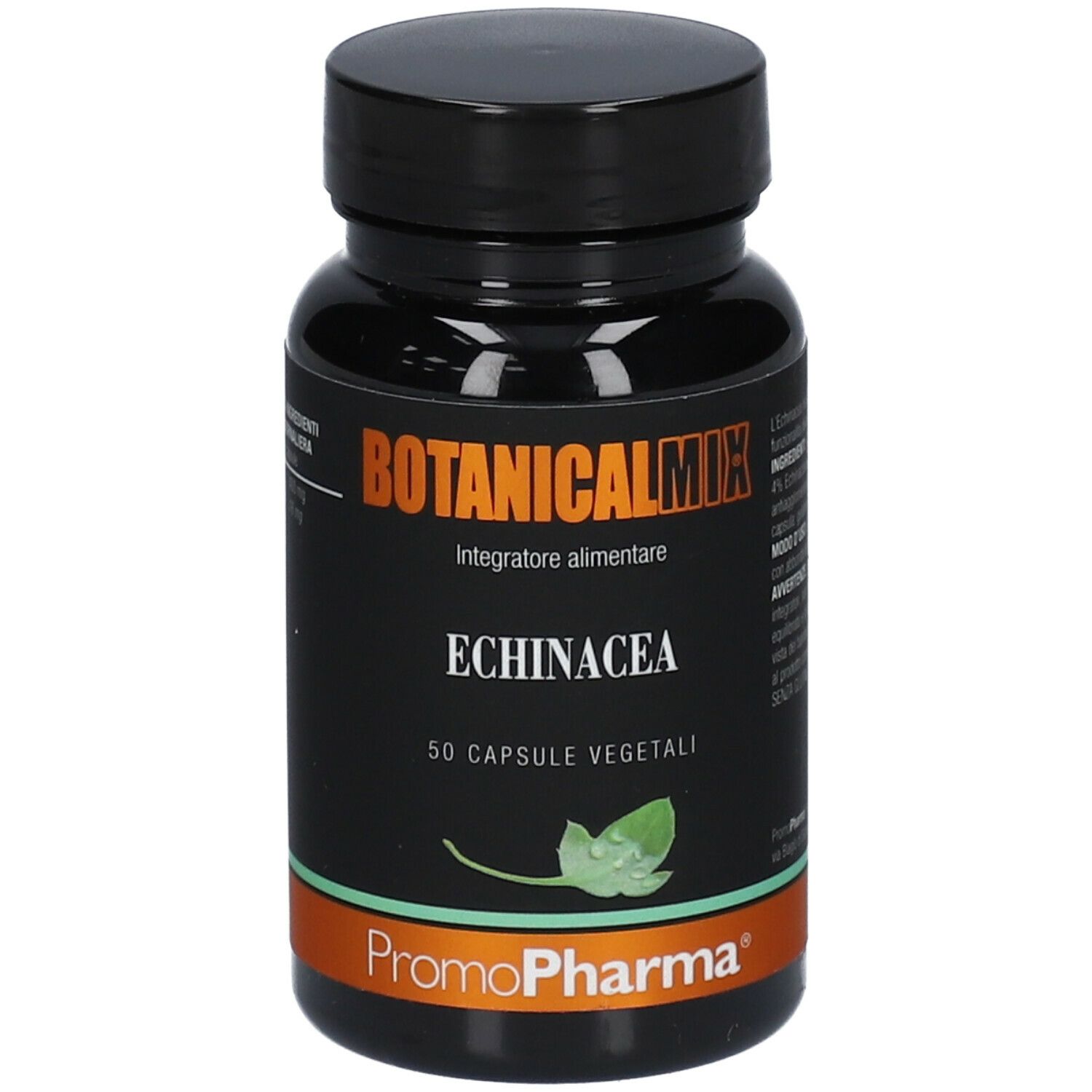 Flacone nero con etichetta "Botanical Mix Echinacea". 50 capsule vegetali. Logo PromoPharma.