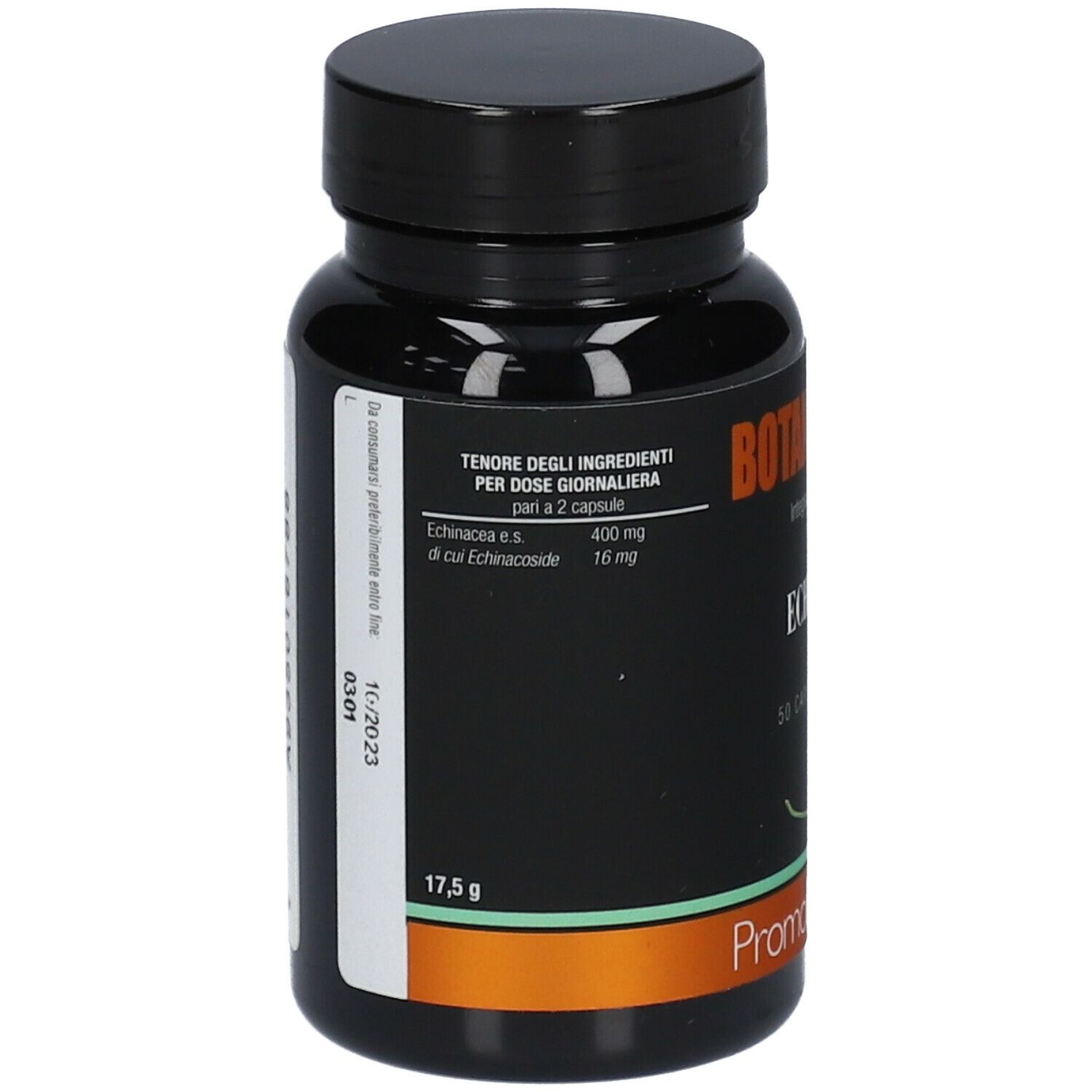 Flacone nero. Retro con ingredienti: Echinacea, 400 mg per 2 capsule. 17,5 g. Logo PromoPharma.
