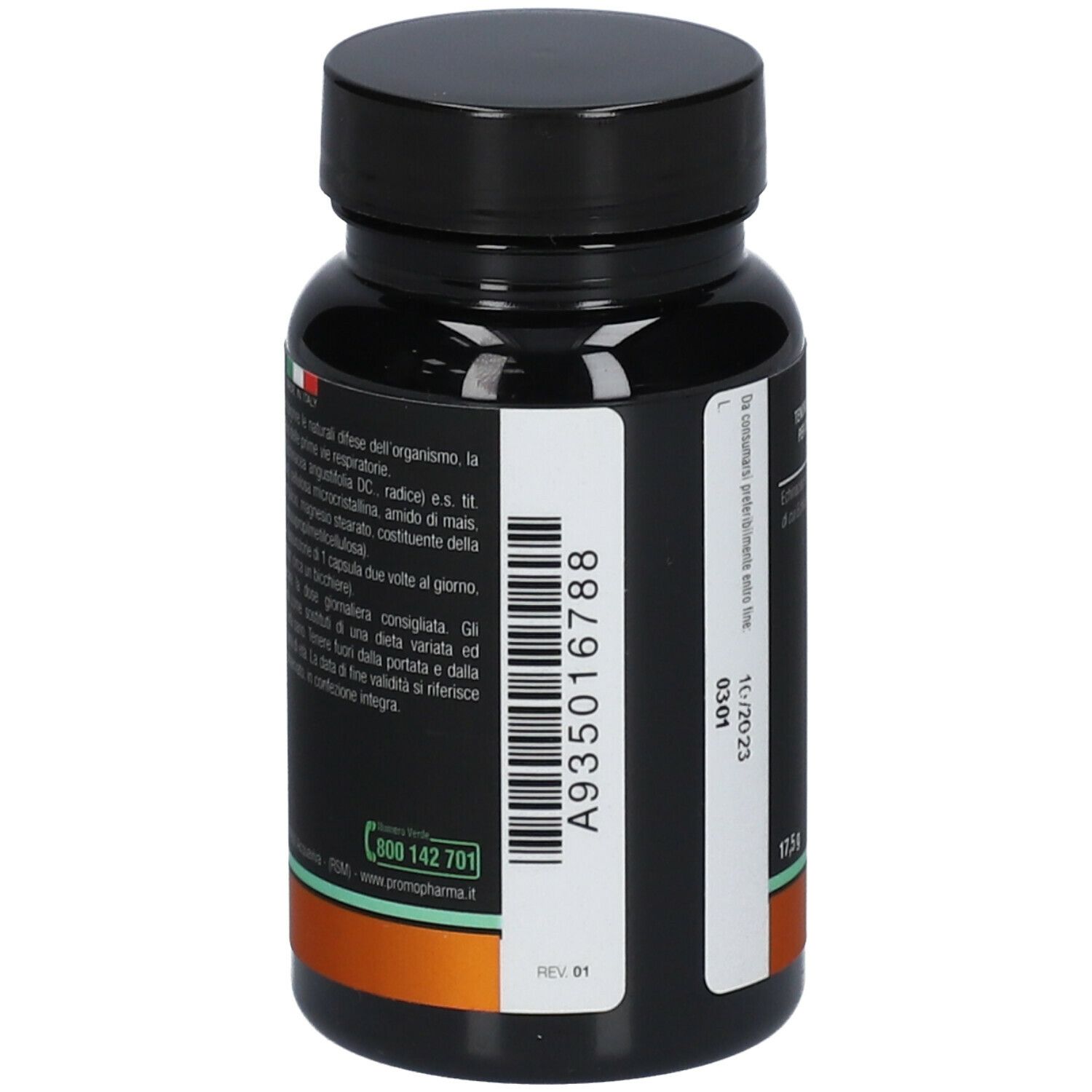 Flacone nero. Retro con codice a barre e testo. A935016788. Scadenza 10/2023. Logo PromoPharma.