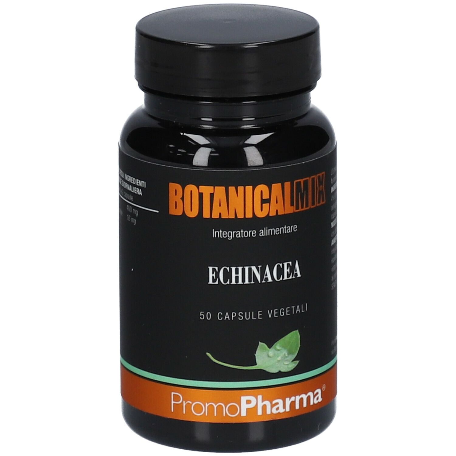Flacone nero con etichetta "Botanical Mix Echinacea". 50 capsule vegetali. Logo PromoPharma.