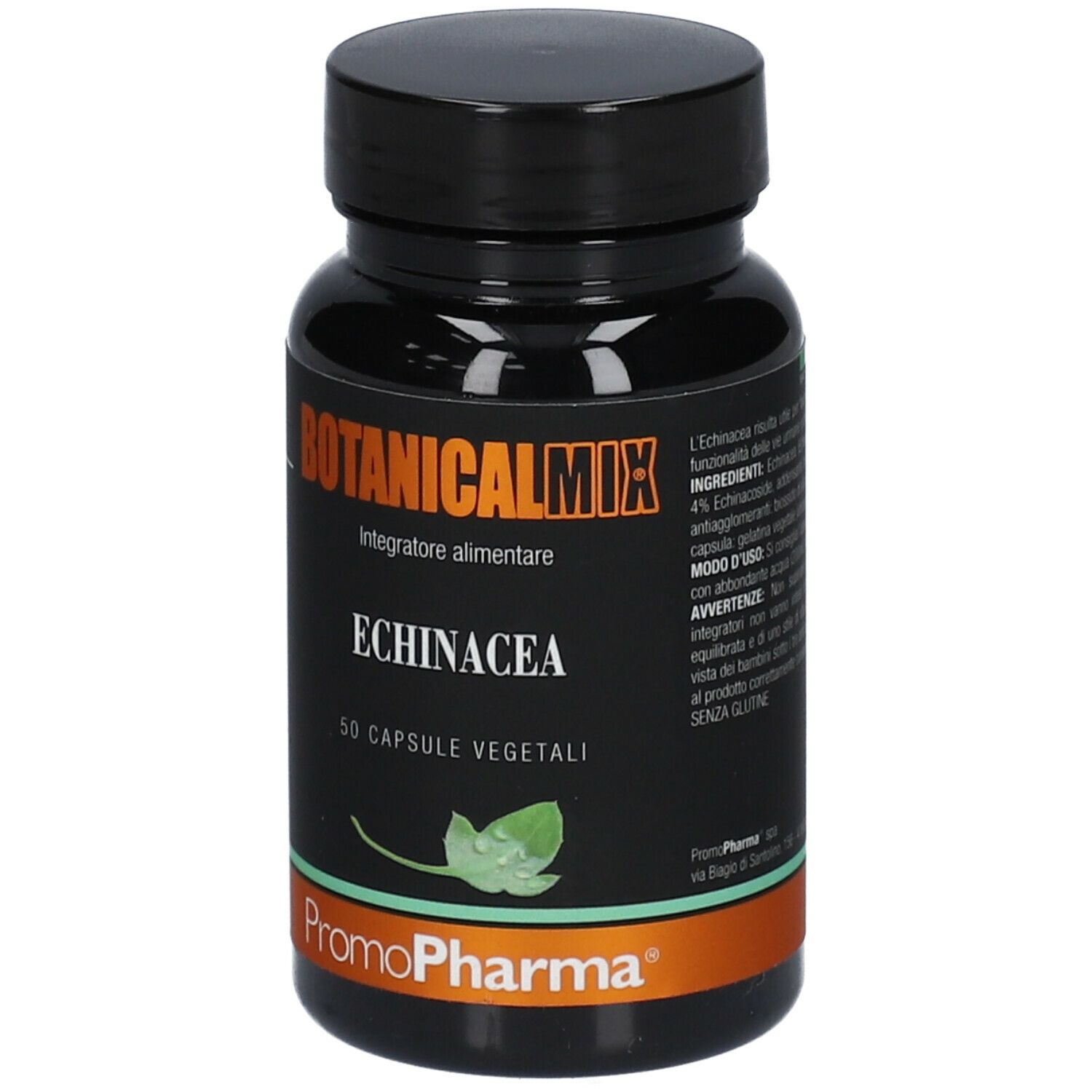 Flacone nero con etichetta "Botanical Mix Echinacea". 50 capsule vegetali. Logo PromoPharma.