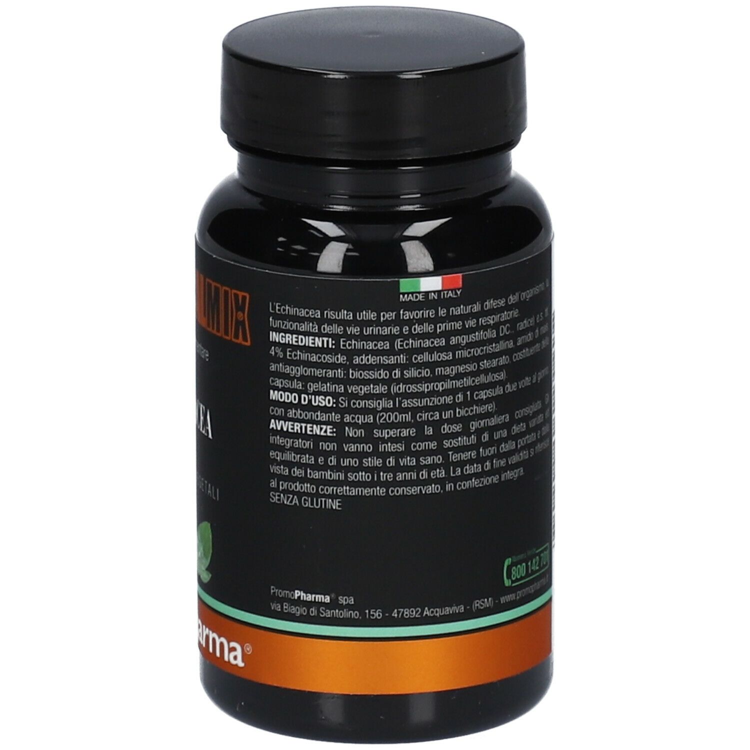 Flacone nero. Retro con ingredienti, istruzioni per l'uso e avvertenze. Logo PromoPharma.