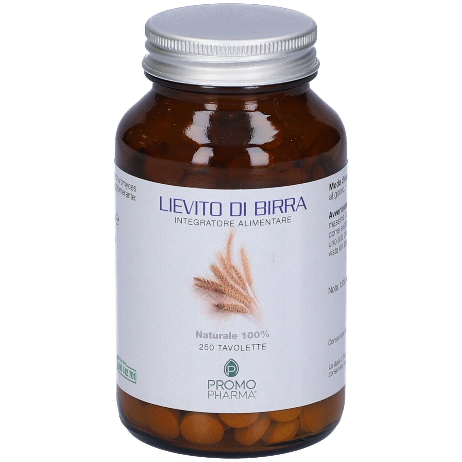 Flacone in vetro marrone con compresse. Etichetta con nome prodotto, 250 compresse, logo.