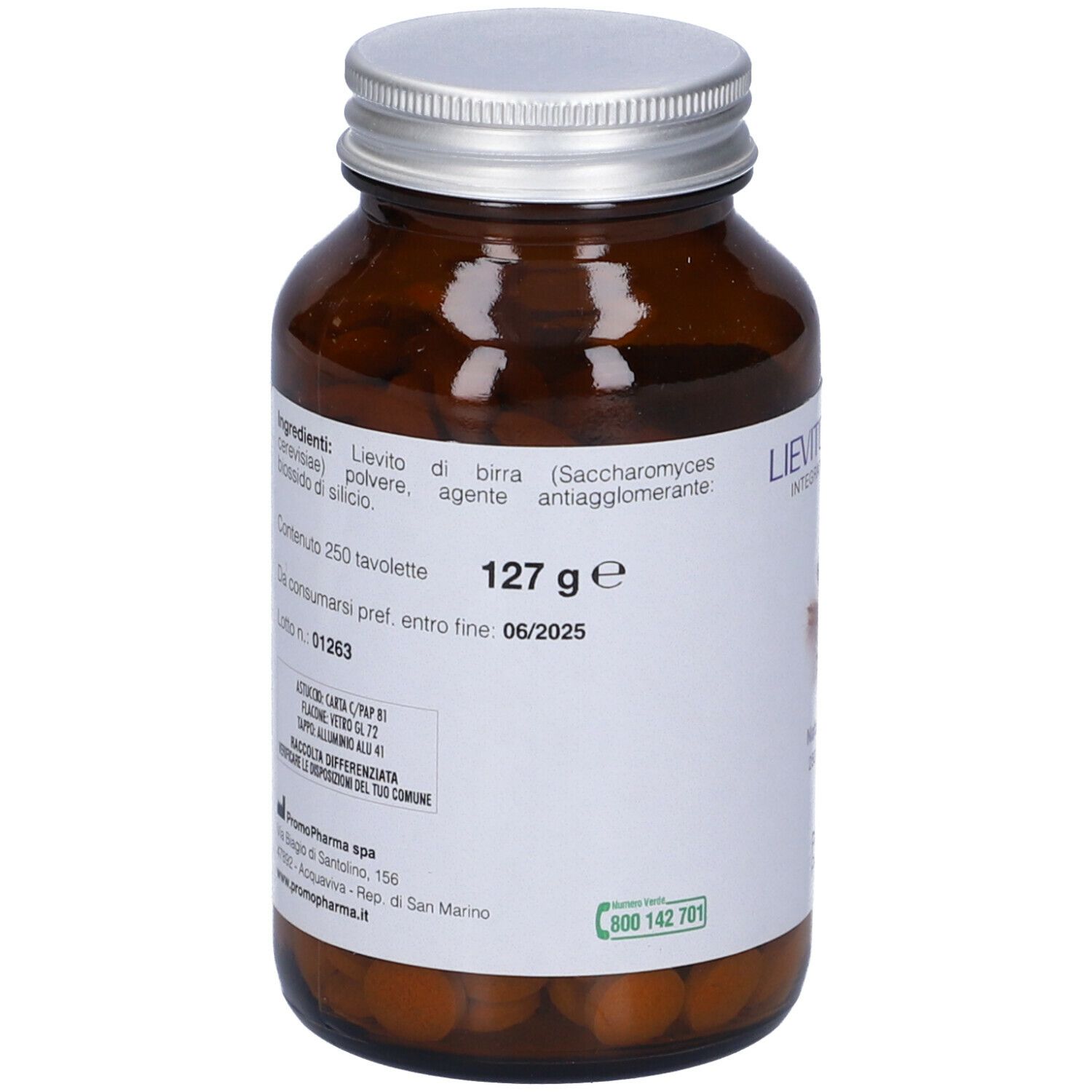 Retro del flacone. Etichetta con ingredienti, peso 127 g, scadenza, numero di lotto.