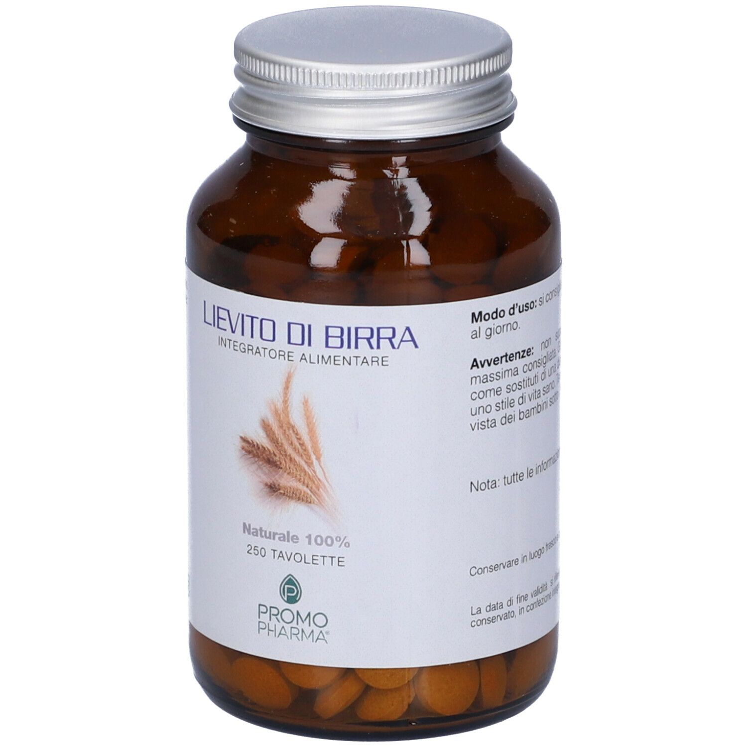 Flacone in vetro marrone con compresse. Etichetta con nome prodotto, 250 compresse, logo.