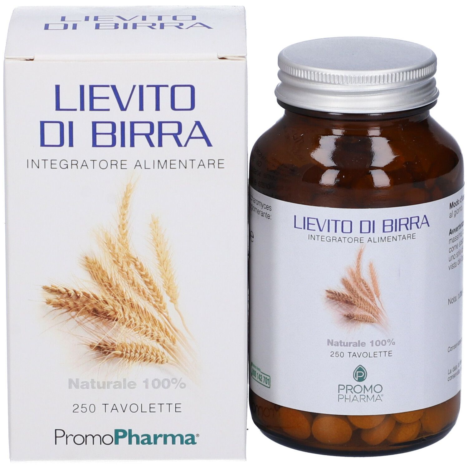 Flacone e scatola del prodotto. Flacone con compresse, scatola con nome prodotto, 250 compresse, logo.