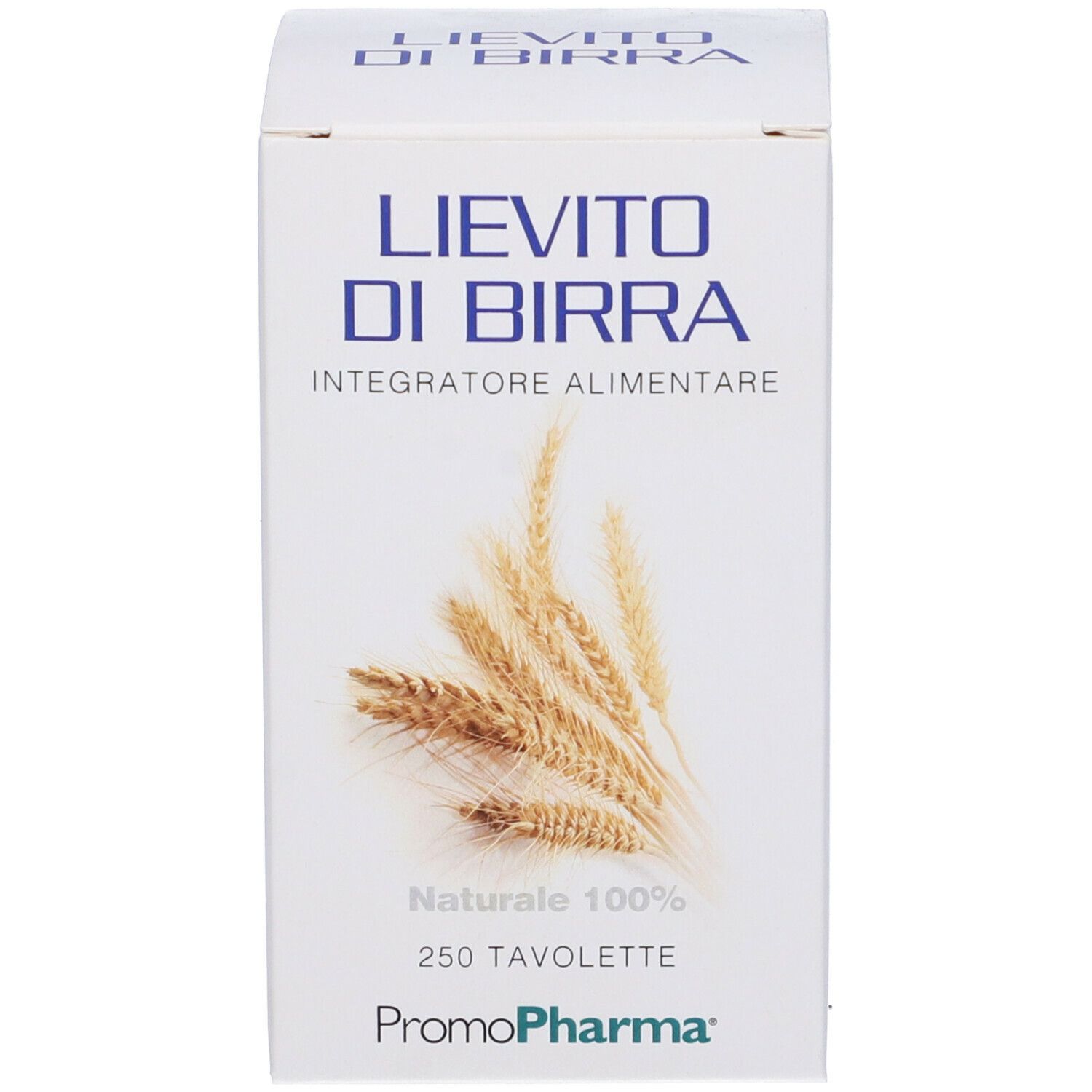 Scatola bianca con nome prodotto, 250 compresse, logo e immagine del prodotto.