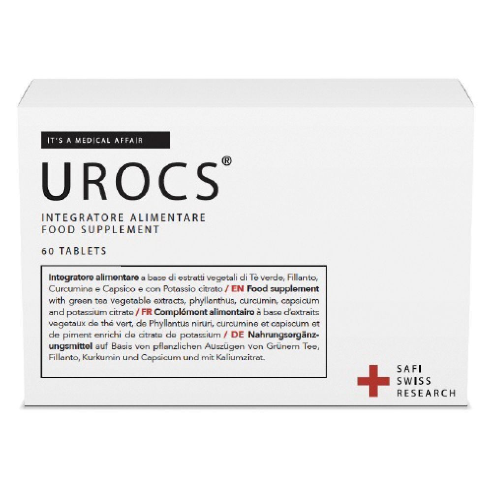 Scatola bianca "Urocs". Contiene 60 compresse. Scritta "Food Supplement". Logo "SAFI SWISS RESEARCH".