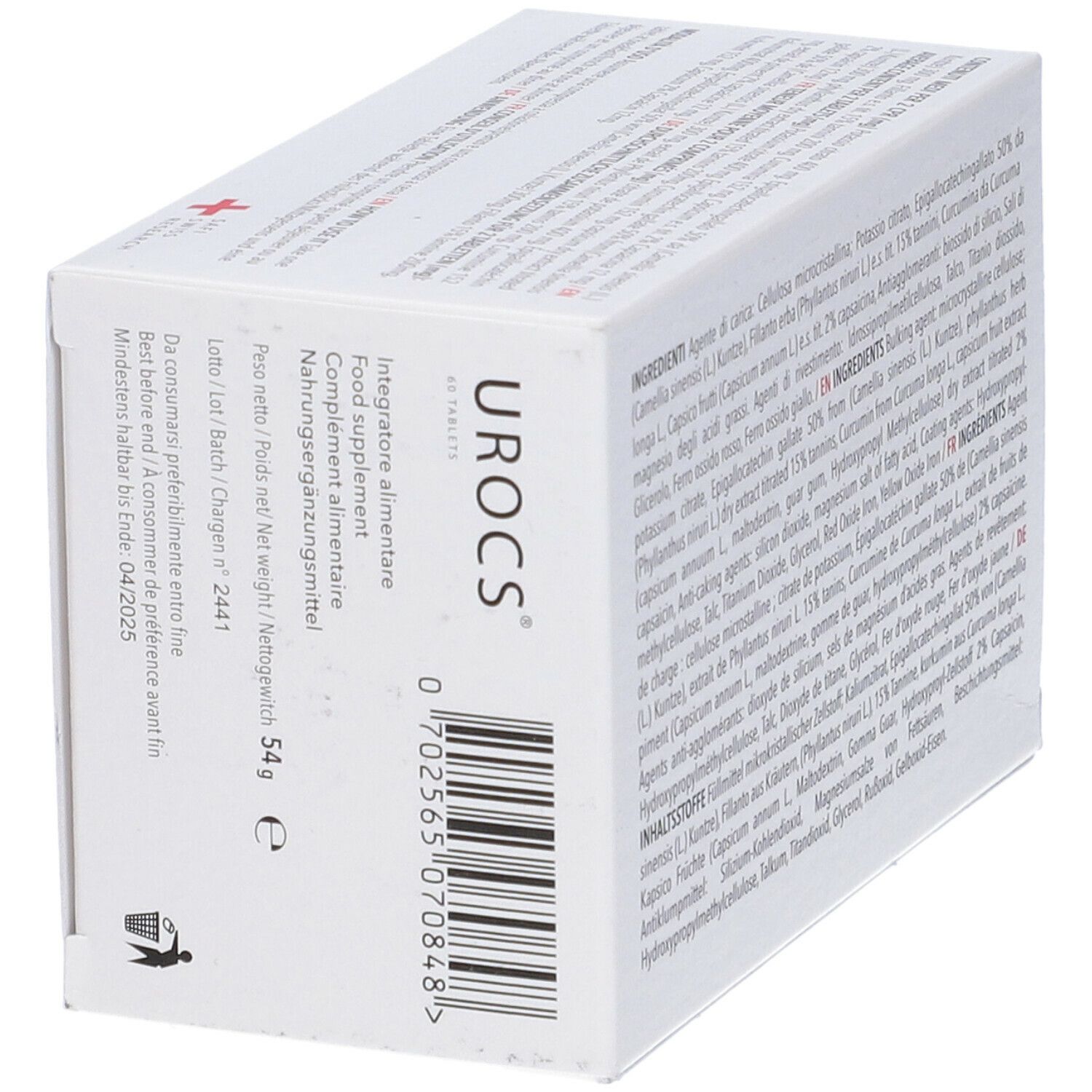 Scatola bianca con testo e logo "Urocs". Contiene 54g. Da consumarsi preferibilmente entro 04/2025. Vista prospettica.