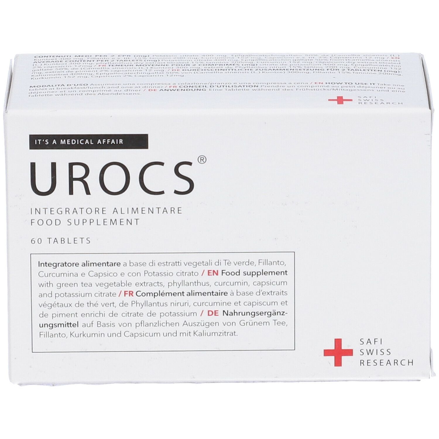 Scatola bianca "Urocs". Contiene 60 compresse. Scritta "Food Supplement". Logo "SAFI SWISS RESEARCH".
