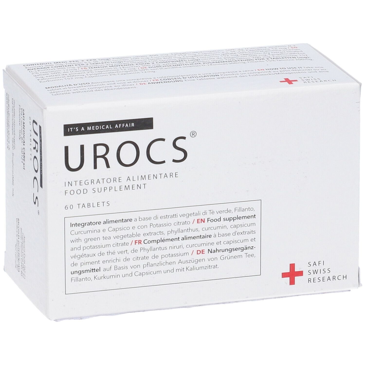 Scatola bianca "Urocs". Contiene 60 compresse. Scritta "Food Supplement". Logo "SAFI SWISS RESEARCH".