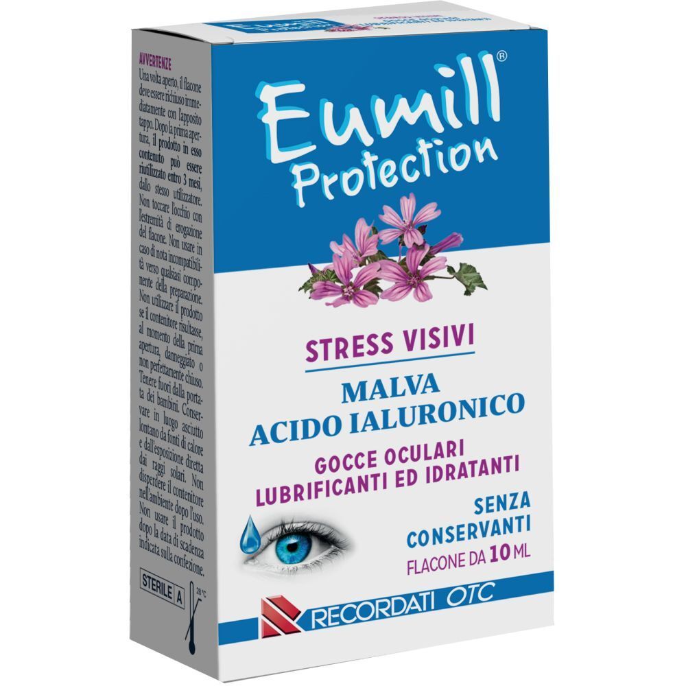 Confezione di gocce oculari. Scritta: Eumill Protection, Malva, Acido Ialuronico, Stress Visivi.