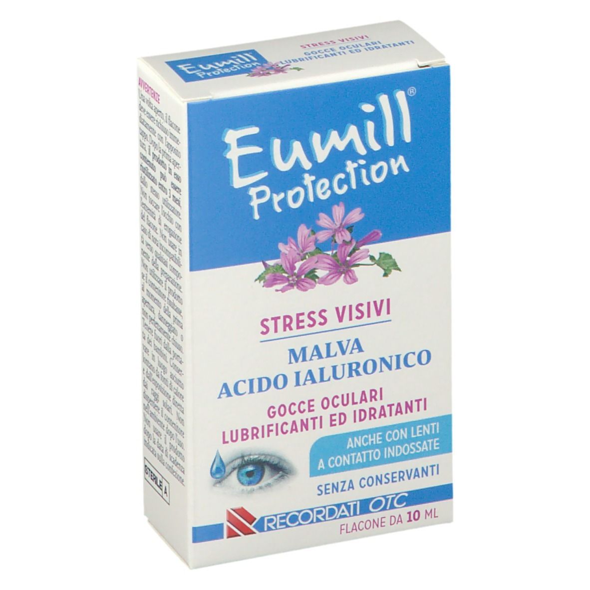 Confezione di gocce oculari. Scritta: Eumill Protection, Malva, Acido Ialuronico, Stress Visivi.