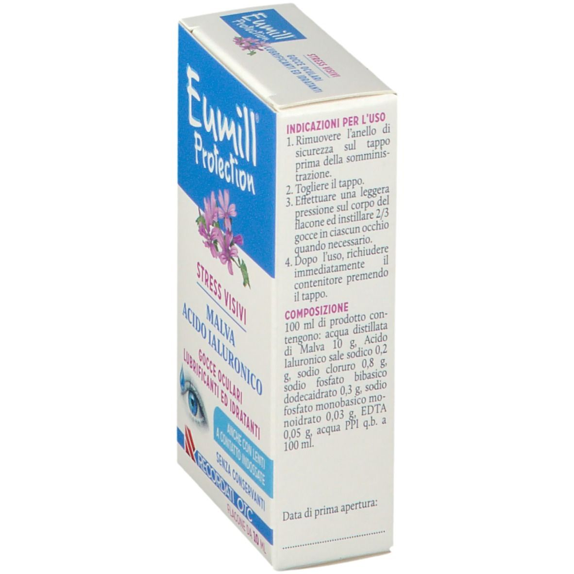 Confezione di gocce oculari. Scritta: Eumill Protection, Malva, Acido Ialuronico, Stress Visivi.