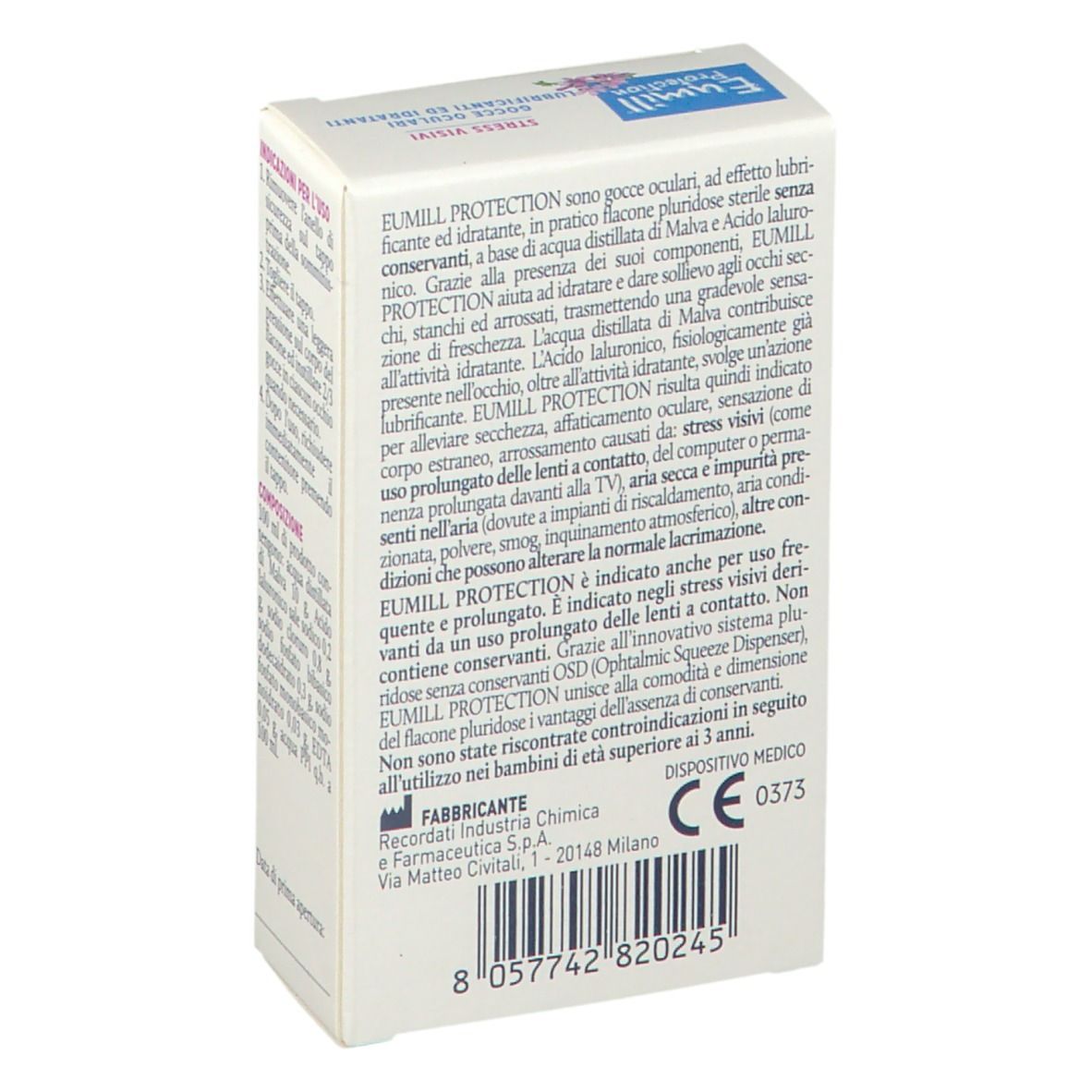 Confezione di gocce oculari. Scritta: Eumill Protection, Malva, Acido Ialuronico, Stress Visivi.