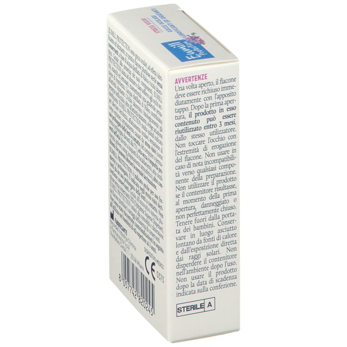 Confezione di gocce oculari. Scritta: Eumill Protection, Malva, Acido Ialuronico, Stress Visivi.